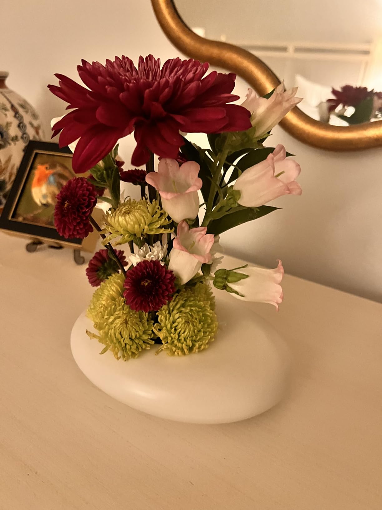 Japanese Inspired Ceramic Vase Ikebana kit, Pebble Shaped Flower Arrangement Bowl with 2inch Flower Frog Pin Frog Flower Stems Holder (White) customer photo 2