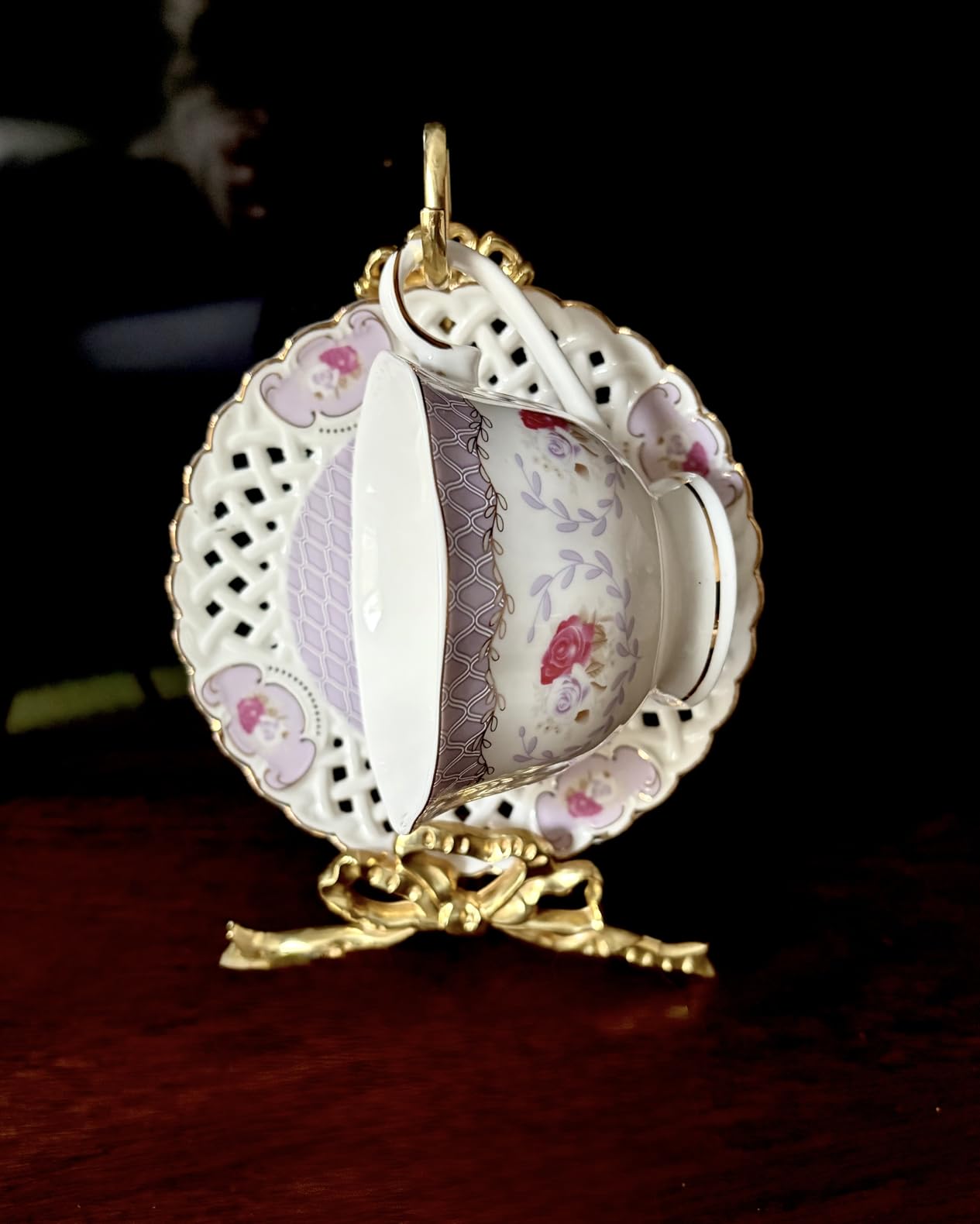 1Pcs Brass Teacup and Saucer Display Stand, Teacup Holder Stand for Display, Antique Coffee Cup Mug Holder for one Cup, Gold customer photo 1