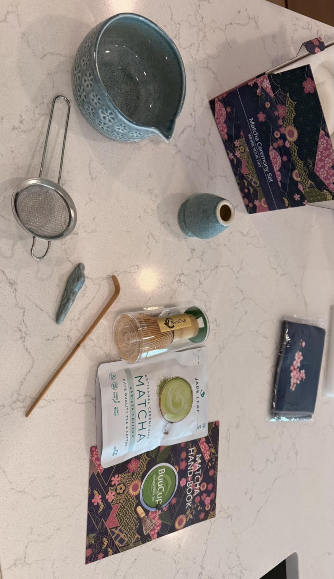 Buucup Matcha Whisk Set, Ceramic Matcha Kit Set Includes Matcha Bowl, Matcha Whisk and Holder, Bamboo Scoop, Scoop Rest, Sifter and Tea Towel - 7 Pcs Matcha Kit for Matcha Lovers (Mottled Green) customer photo 1