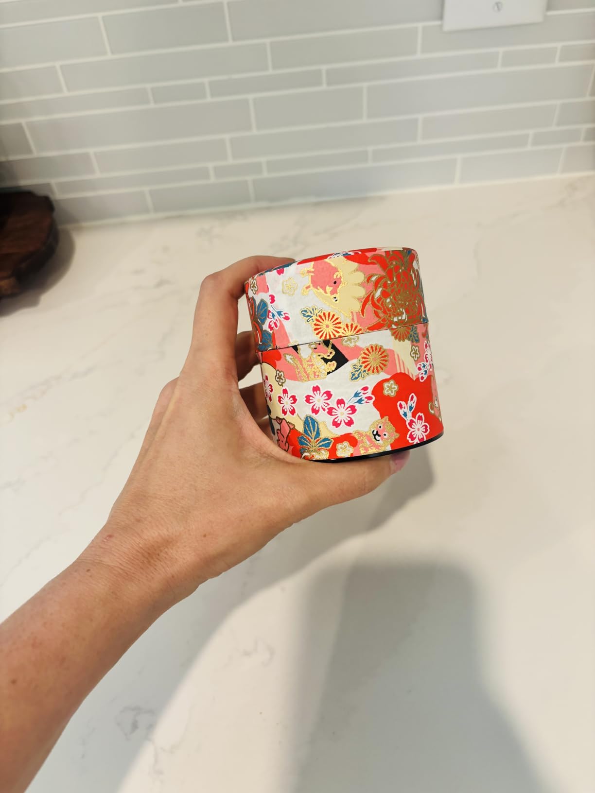 Japanese Pokkan Matcha Coffee Spice Tea Tin Canister Washi Paper Storage with Lid 7.05 oz Capacity (Eto) customer photo 1