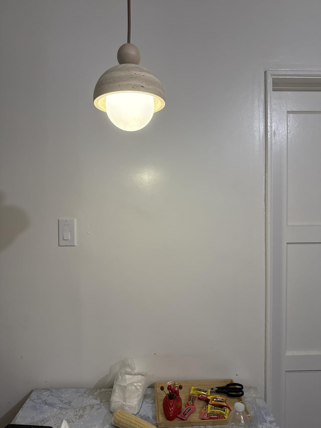 Spherical Wabi Sabi Pendant Light Natural Stone Retro Japanese Style Yellow Travertine Pendant Lighting Vintage Mini Wood Nordic Hanging Light for Kitchen Island Dining Room Bedroom Hallway Bedside customer photo 1