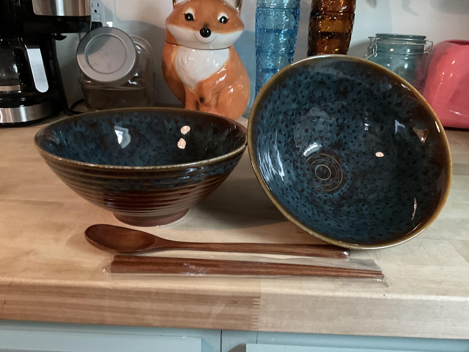 Ceramic Japanese Ramen Bowl Set, 2 Sets Asian Pho Udon Soup Noodle Bowls with Spoons and Chopsticks (Peacock Green, 8 inches) customer photo 2