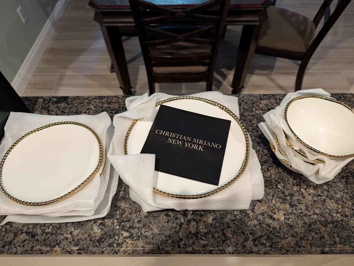 Christian Siriano Akoya Porcelain Dinnerware Set, 24-Piece - Dish Set for 8, Plates and Bowls Set, White and Gold customer photo 2