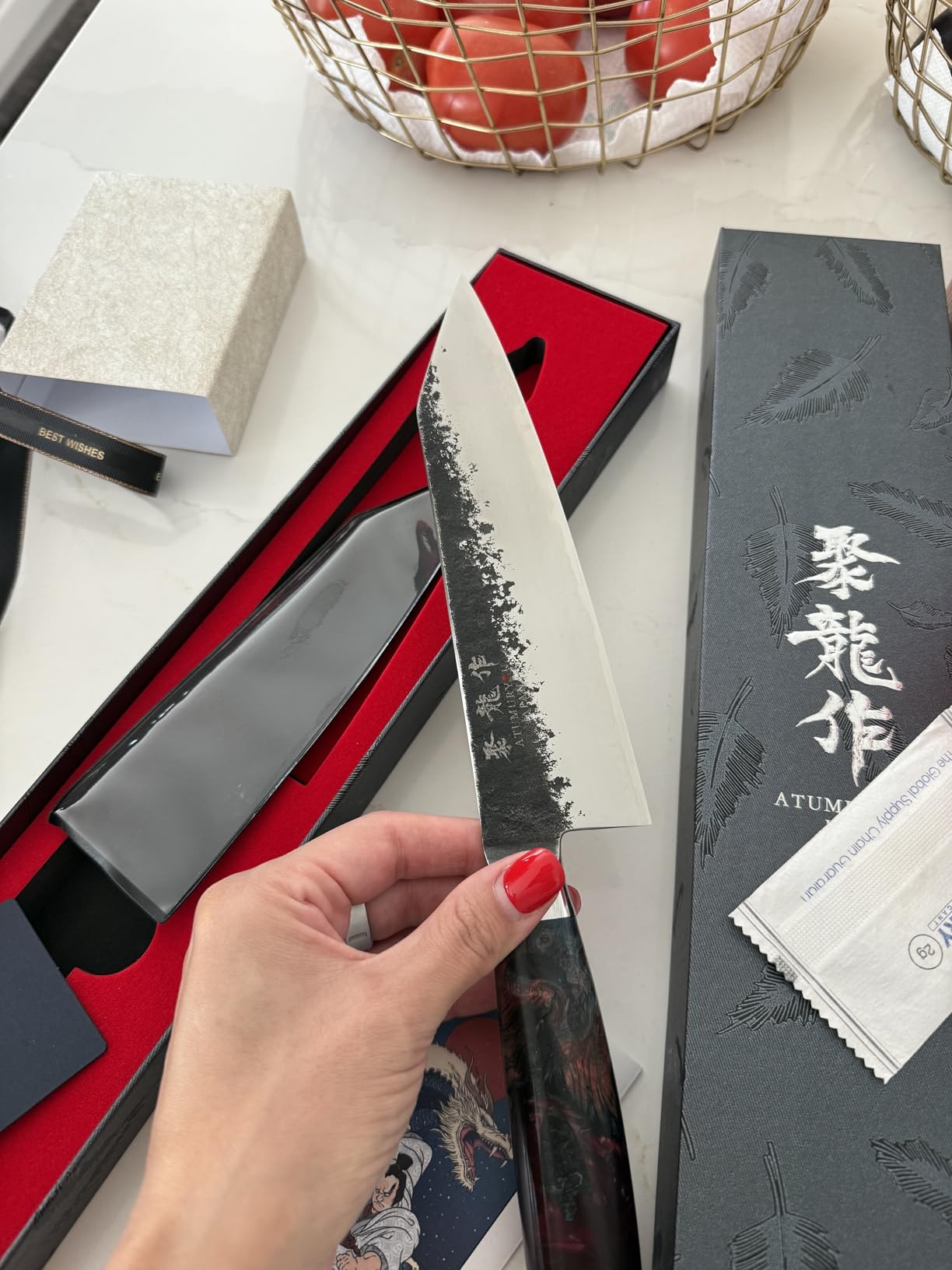 Japanese Chef Knife, 8 Inch Hand Forged Kitchen Knives with VG10 Core, Professional Gyuto Knife for Home & Restaurant, Sanmai Chefs Knives with Ergonomic Red Handle, Cooking Gifts for Men Women customer photo 2