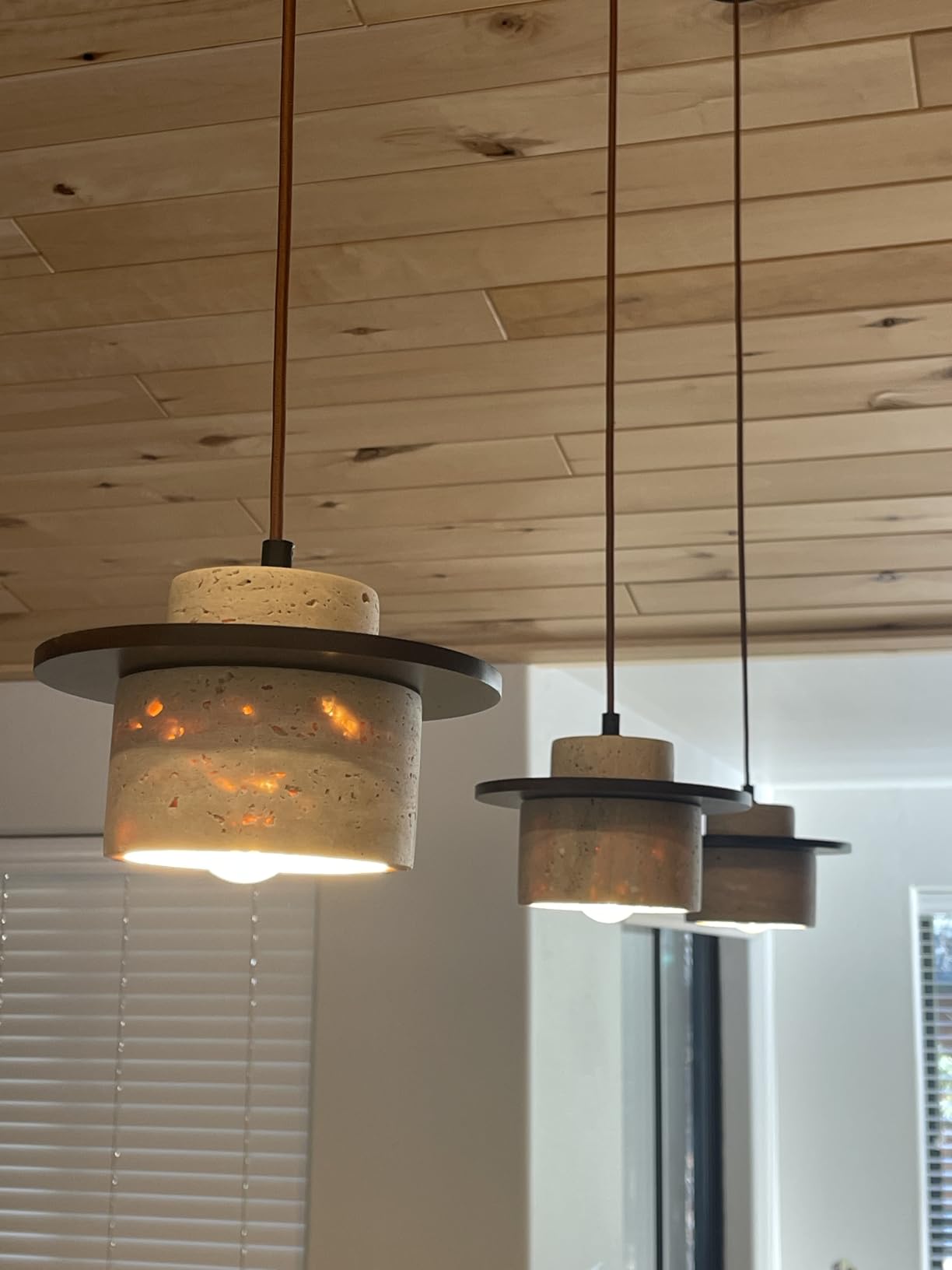 Japanese Wabi Sabi Pendant Light Nordic Natural Stone Chandeliers Concrete Simple Light Fixture for Dining Room Bedside Kitchen Island Hallway（Wood Color customer photo 1