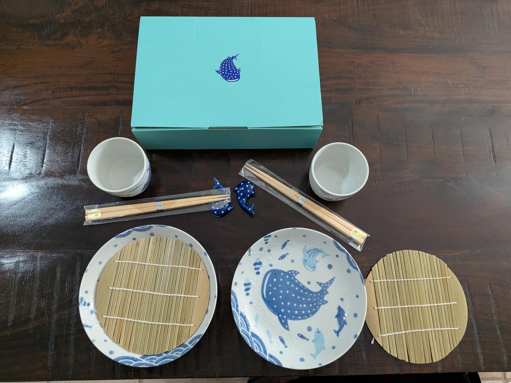 Japanese Soba Noodle Serving Set for 2 - Mino Ware Ceramic Plates, Cups, Bamboo Strainers, Chopsticks & Whale Shark Chopstick Rests - Authentic Zaru Soba Dishware Gift Set customer photo 1