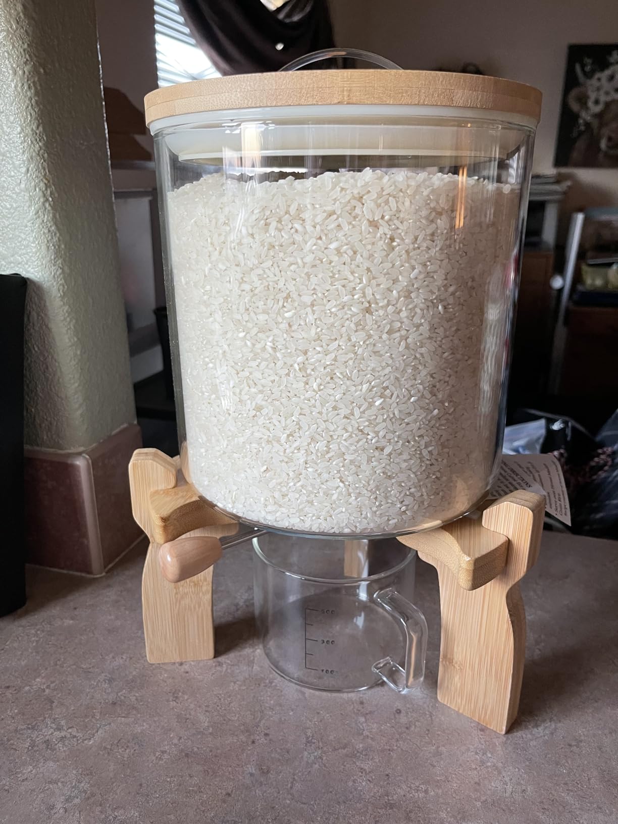 Goaste Glass Rice Dispenser with Bamboo Stand, 5L Flour Cereal Container with Airtight Lid, 8 Lbs Large Grain Food Storage Bucket, Countertop Beans Storage Tank with Measuring Cup & Valve for Dry Food customer photo 1