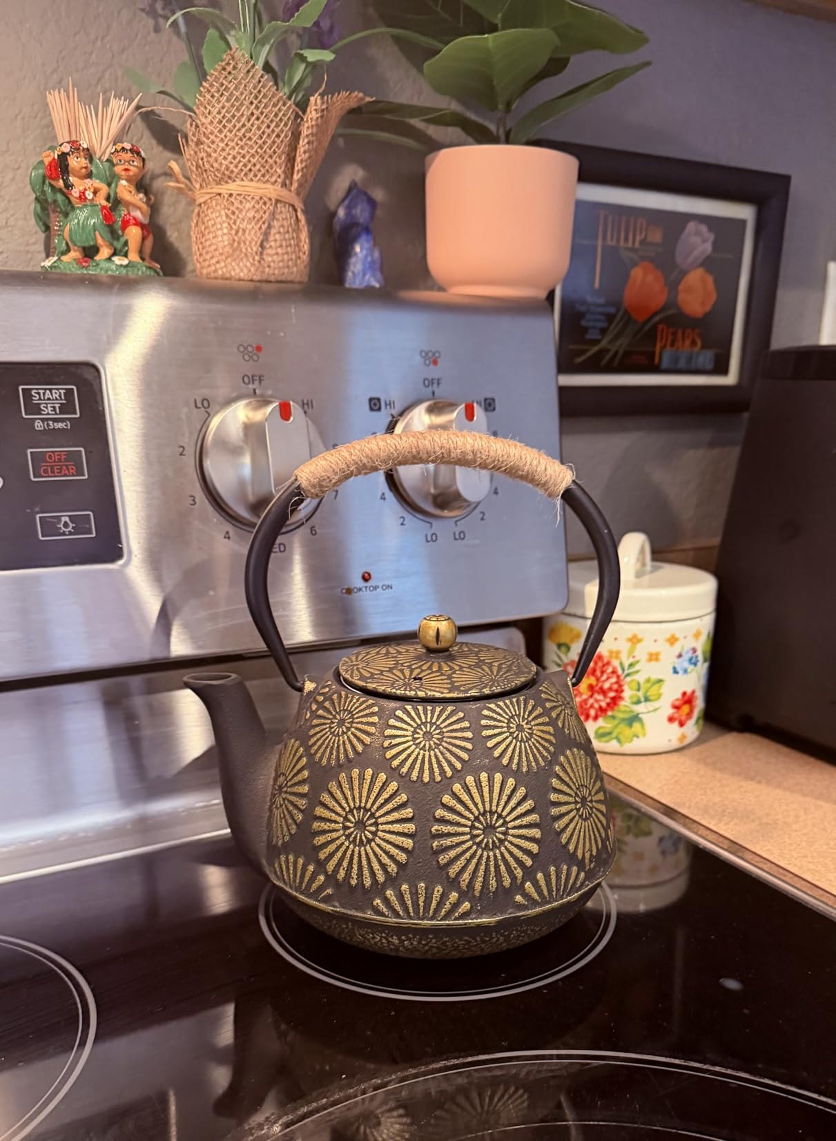 Japanese Tetsubin Cast Iron Teapot, 40oz (1200ml) Enamel-Coated Stovetop Kettle with Stainless Steel Infuser & Heat-Resistant Handle, Traditional Iron Pot for Tea Ceremony (Black Gold) customer photo 1