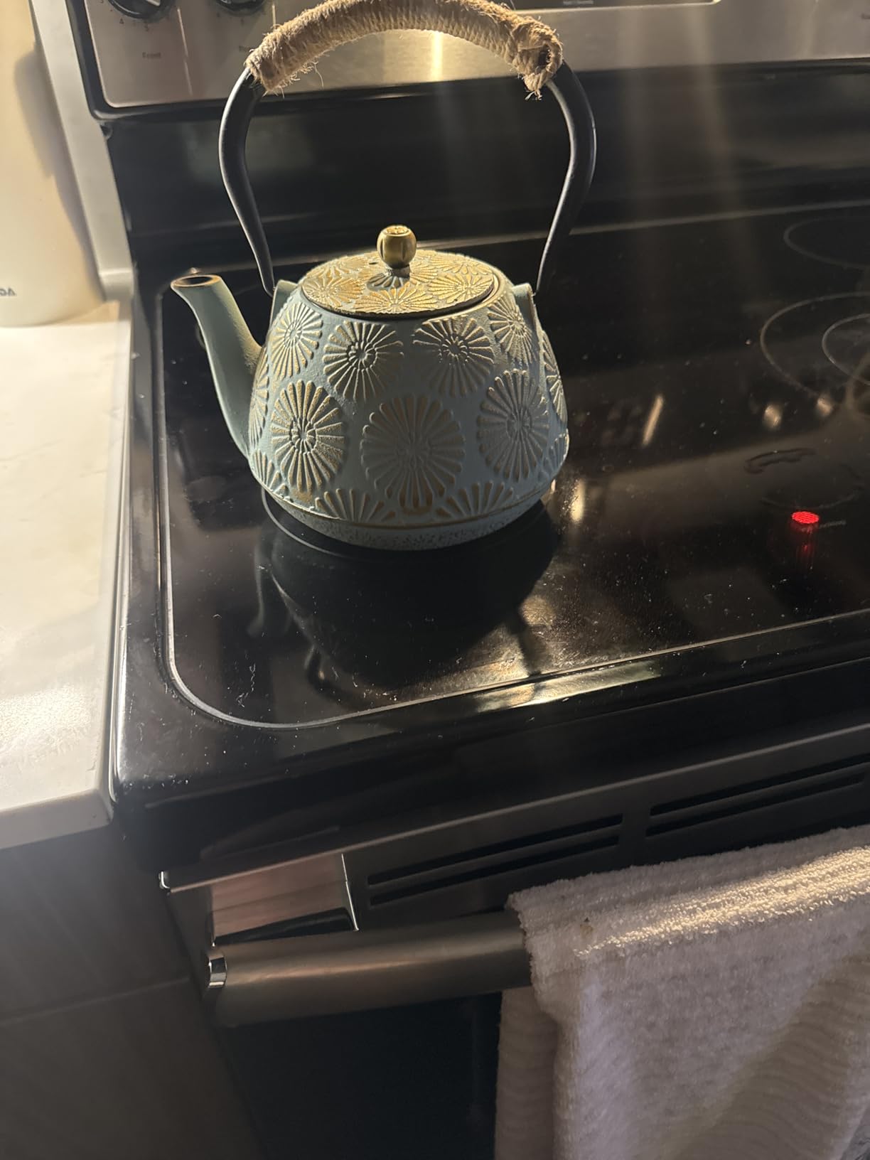 Japanese Tetsubin Cast Iron Teapot, 40oz (1200ml) Enamel-Coated Stovetop Kettle with Stainless Steel Infuser & Heat-Resistant Handle, Traditional Iron Pot for Tea Ceremony (Black Gold) customer photo 2