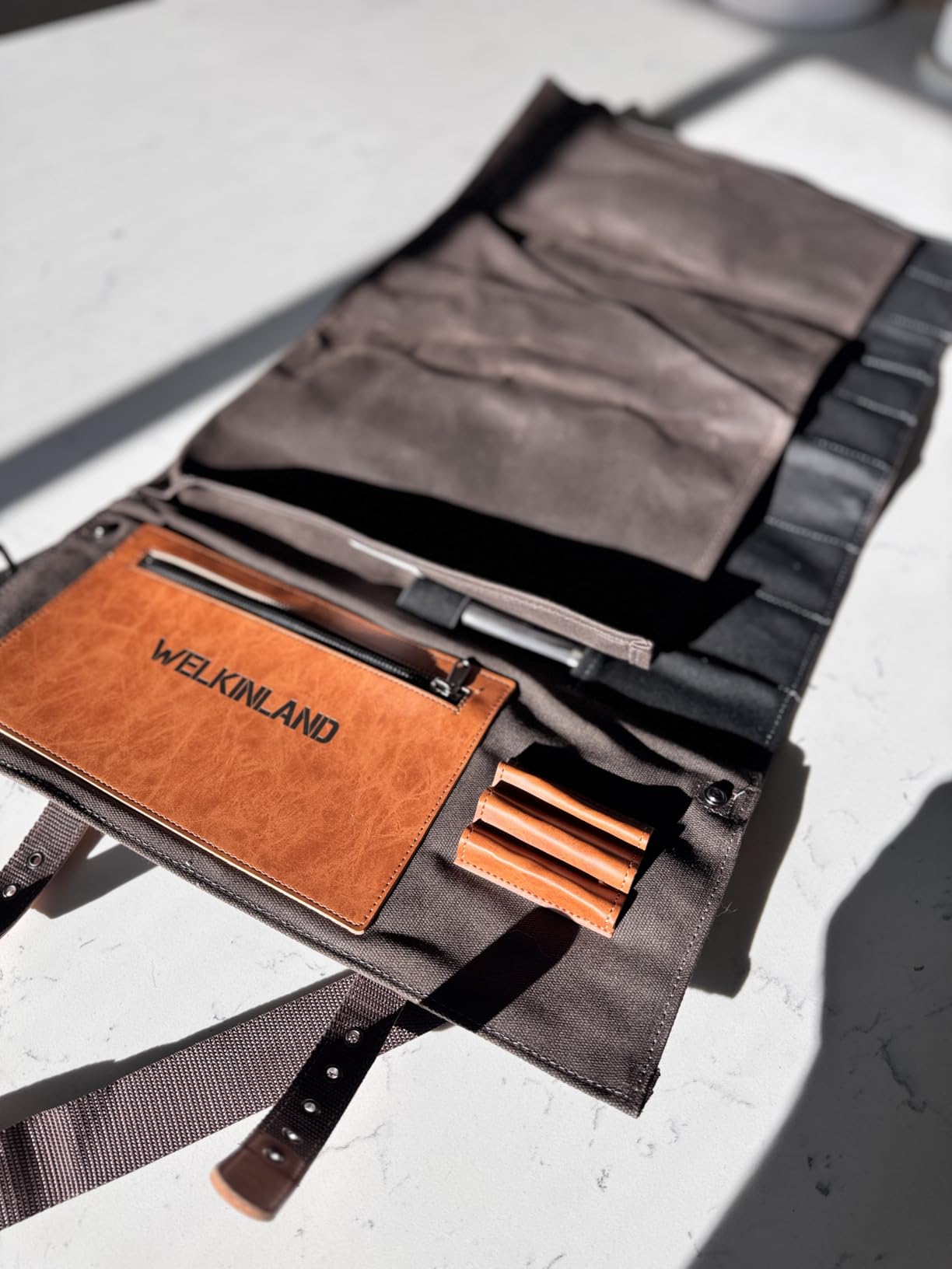 WELKINLAND 13-Pocket Knife Roll, Waxed-Canvas Leather Knife Roll Bag, Heavy-Duty Chef Knife Roll Bag, WaterProof Knife Wrap Roll, Portable Chef Knife Roll Up, Chef Knife Bags And Rolls customer photo 2