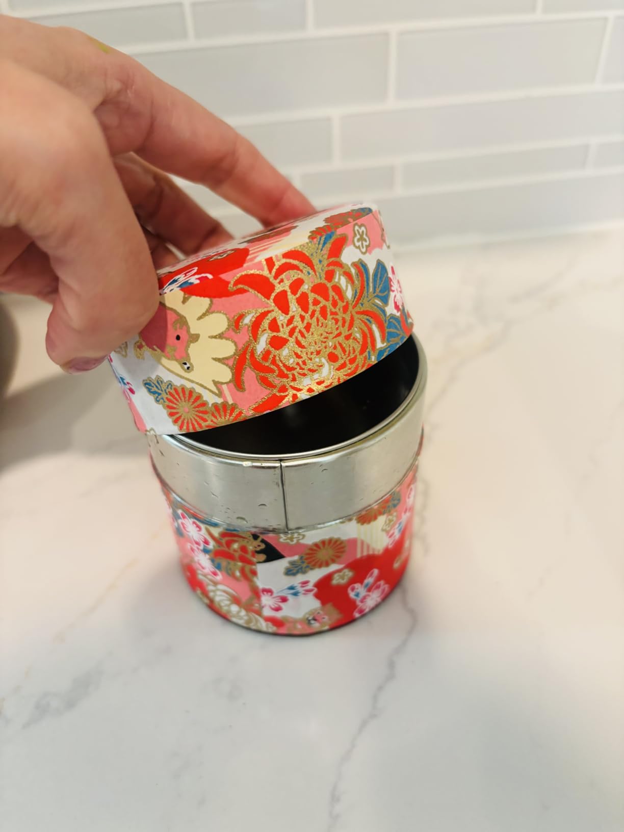 Japanese Pokkan Matcha Coffee Spice Tea Tin Canister Washi Paper Storage with Lid 7.05 oz Capacity (Eto, S) customer photo 2