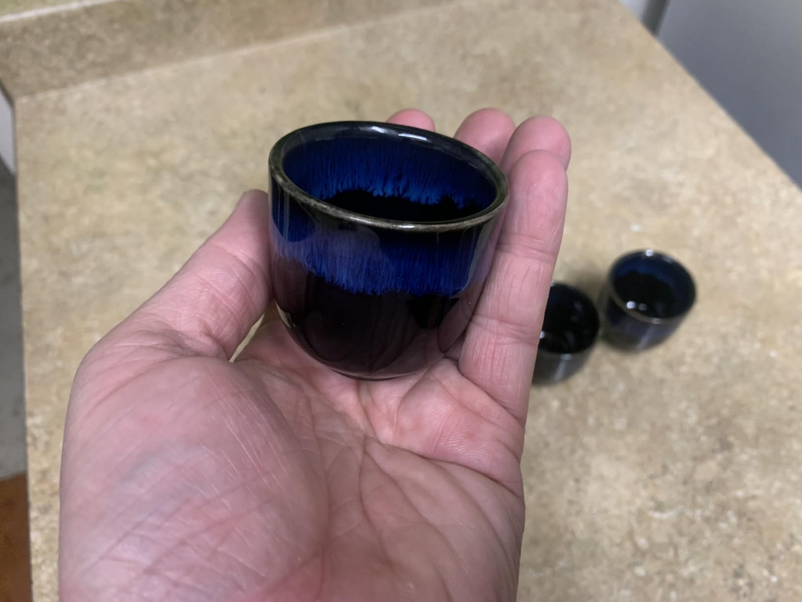 Traditional Japanese Ceramic Sake Cups Set, Blue and Black Gradient Design (6) customer photo 2