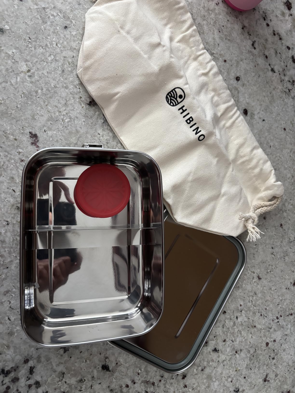 HIBINO Stainless Steel Bento Box 1200ml | Leakproof Bento Box for Adults | Removable Divider | Includes Sauce Container & Cotton Kinchaku Bag | BPA-Free | Designed in Japan customer photo 1