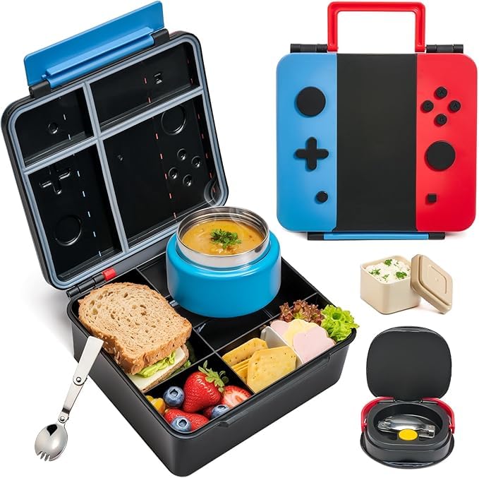 Game Bento Box for Kids, Lunch Box with Thermo(9oz Food Jar), Folding Spoon, Removable Divider & Sauce Cup, Lunch Box Kids for School,Travel, BPA-Free & Realistic Shape(Blue-Red) customer photo 1