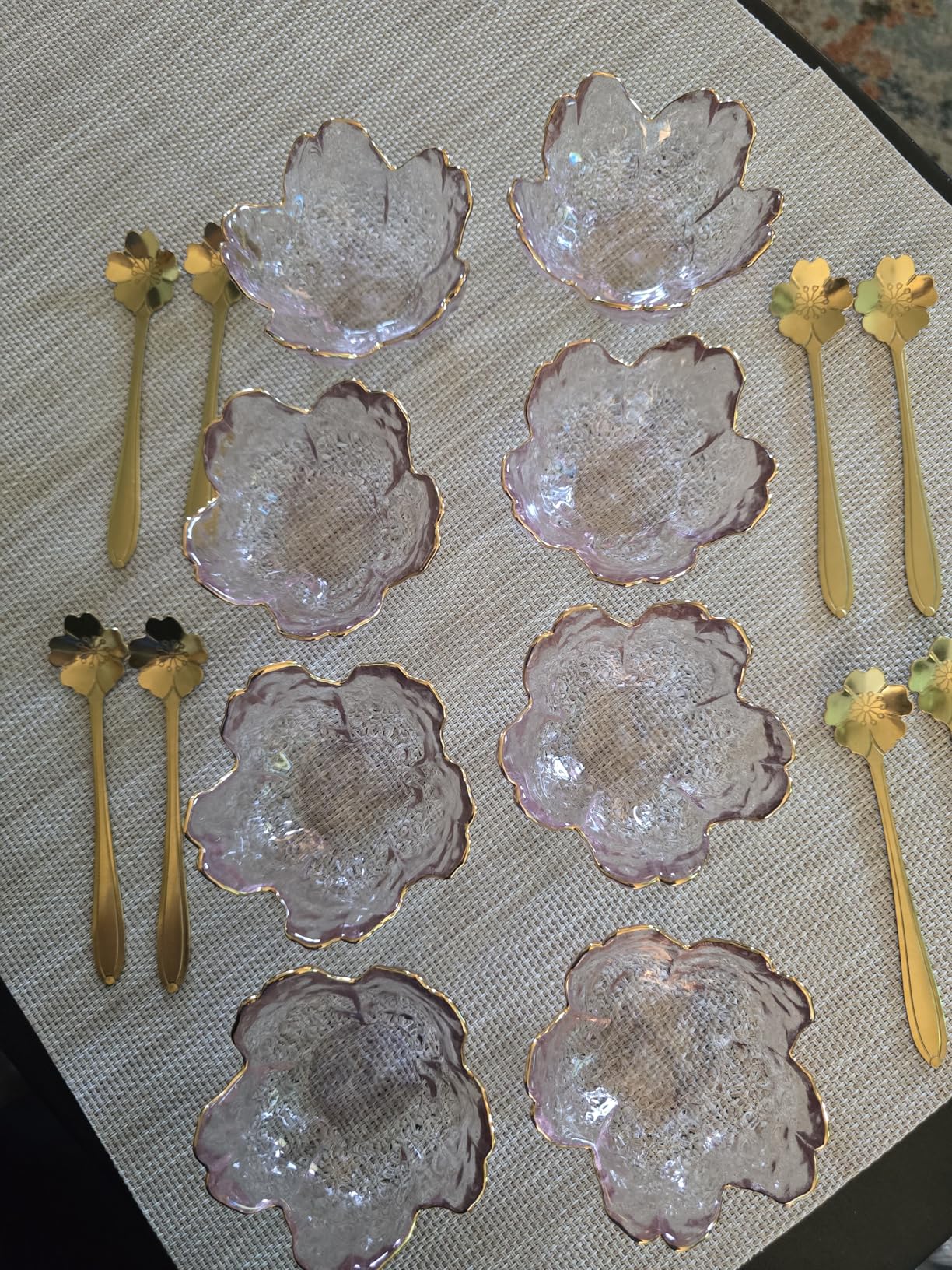 Set of 8 Pink Cherry Blossom Glass Bowls with Flower Spoons, Sakura Sauce Dishes Seasoning Little Bowl Japanese Flower Crystal Glass Appetizer Plates for Dipping Ice Cream(Gold Rim) customer photo 1