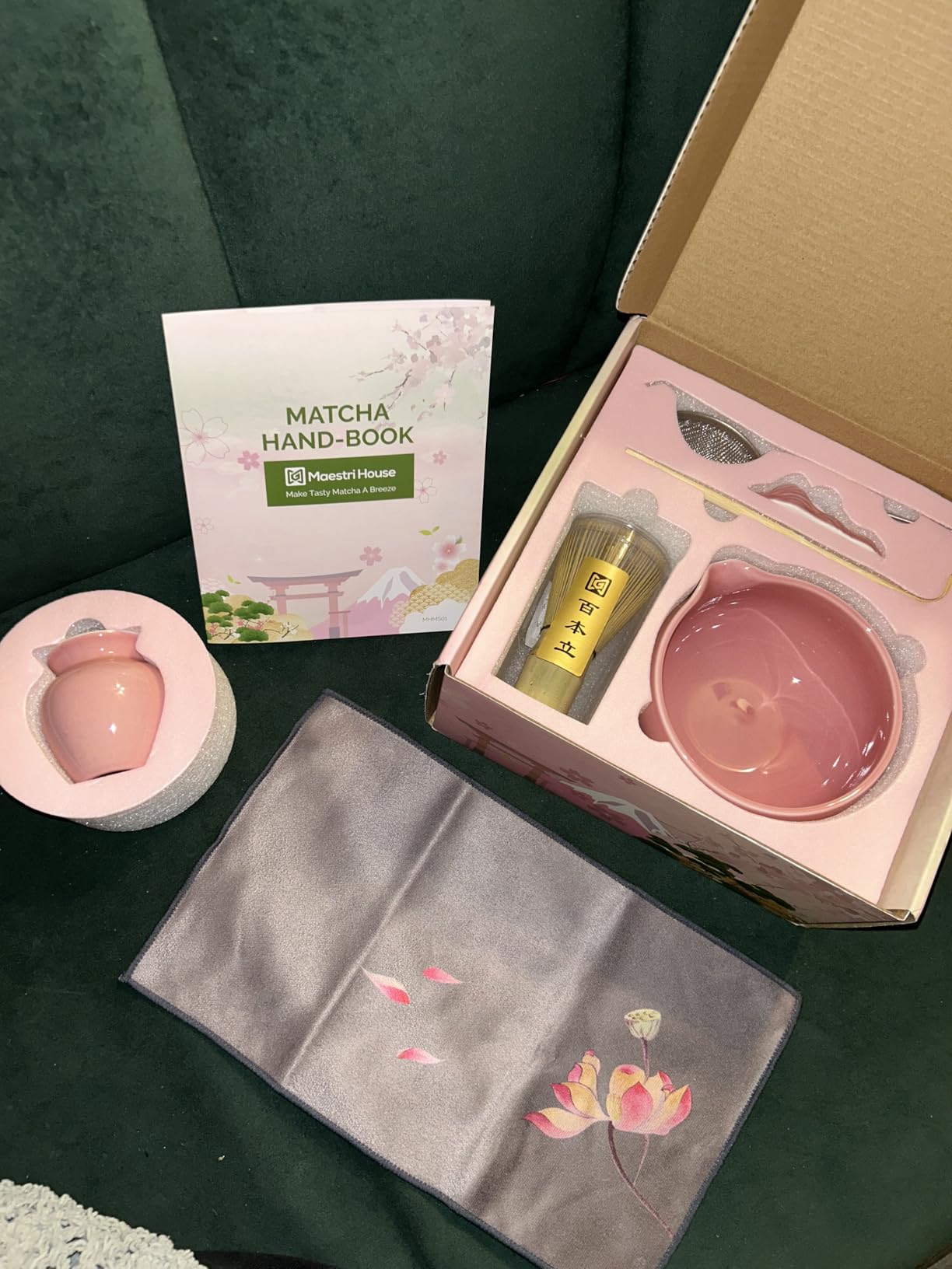 Maestri House Pink Matcha Whisk Set, 7-Pc Complete Matcha Kit with Spouted Ceramic Bowl, Bamboo Whisk and Holder, Scoop, Spoon Rest & Sifter, Tea Cloth - Ideal Gift for Matcha Lovers (Pink) customer photo 1