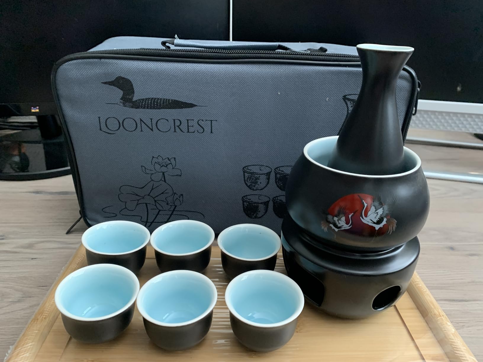 Japanese Sake Cup Set with 6 Ceramic Cups, 1 Ceramic Sake Bottle, 1 Ceramic Sake Warmer, Bamboo Tray, and Cloth Carrying Case - Perfect Hot Sake Set for Authentic Japanese Experience (Black/White) customer photo 1