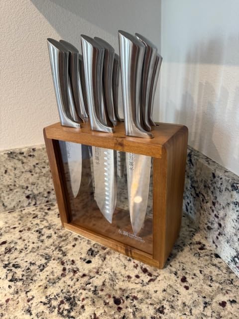 Cuisine::pro Damashiro Knife Block (Hiryu, 10-Piece Set) - Premium Japanese Steel Knife Set with Acacia Wood Block & Tempered Glass Window - Damascus-Inspired Blade customer photo 1