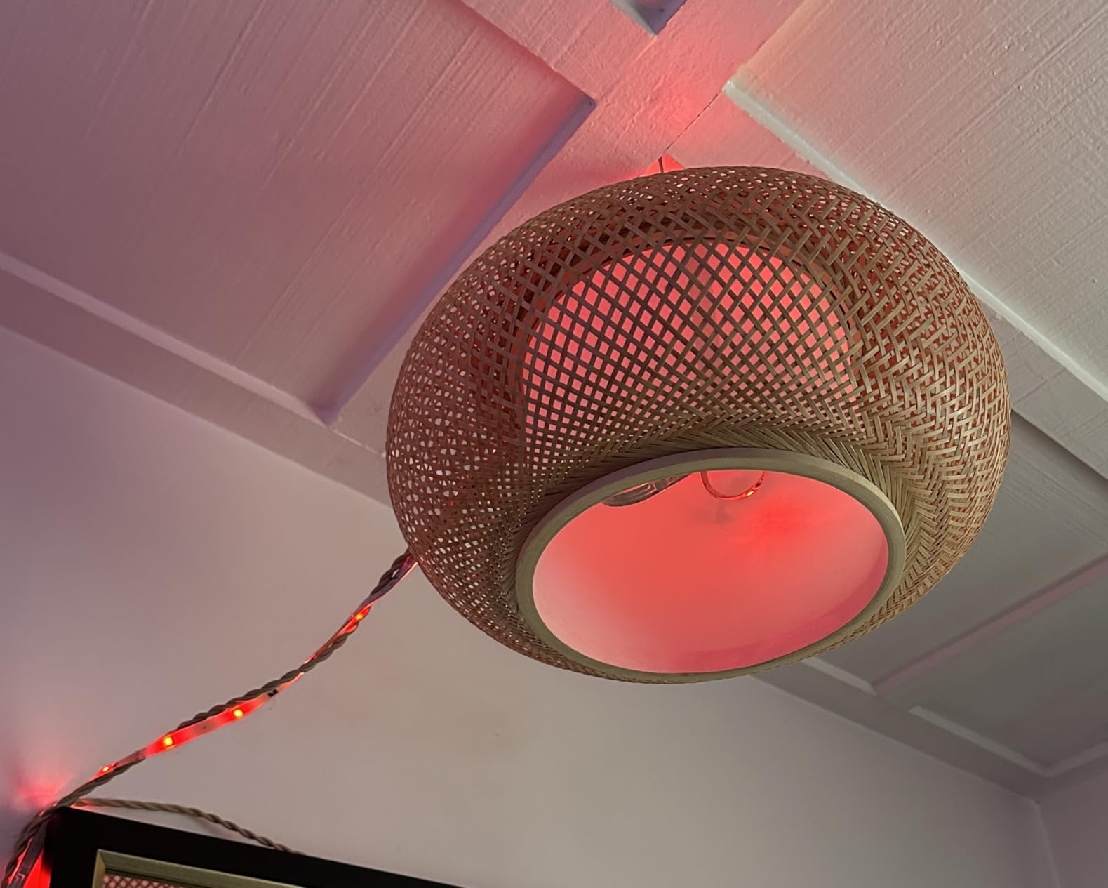 Plug in Bamboo Pendant Light, Boho Style Lamp, 16.7ft Plug in chandelier Wire with a Switch. Japanese Wabi-Sabi Style Circular Lampshade Lighting, Dining Rooms, Bedrooms, Storage Rooms and Kitchens. customer photo 1