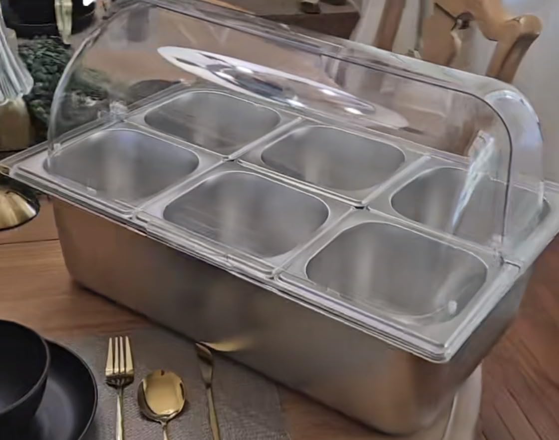 Ice Food Serving Display Tray with Clear Roll Top Cover, 1 x 1 Pan Stainless Steel Cold Food Buffet Condiment Dispenser Display Rack with 1 Clip & 2 Ice Trays for Restaurant Hotel Kitchen Party customer photo 1
