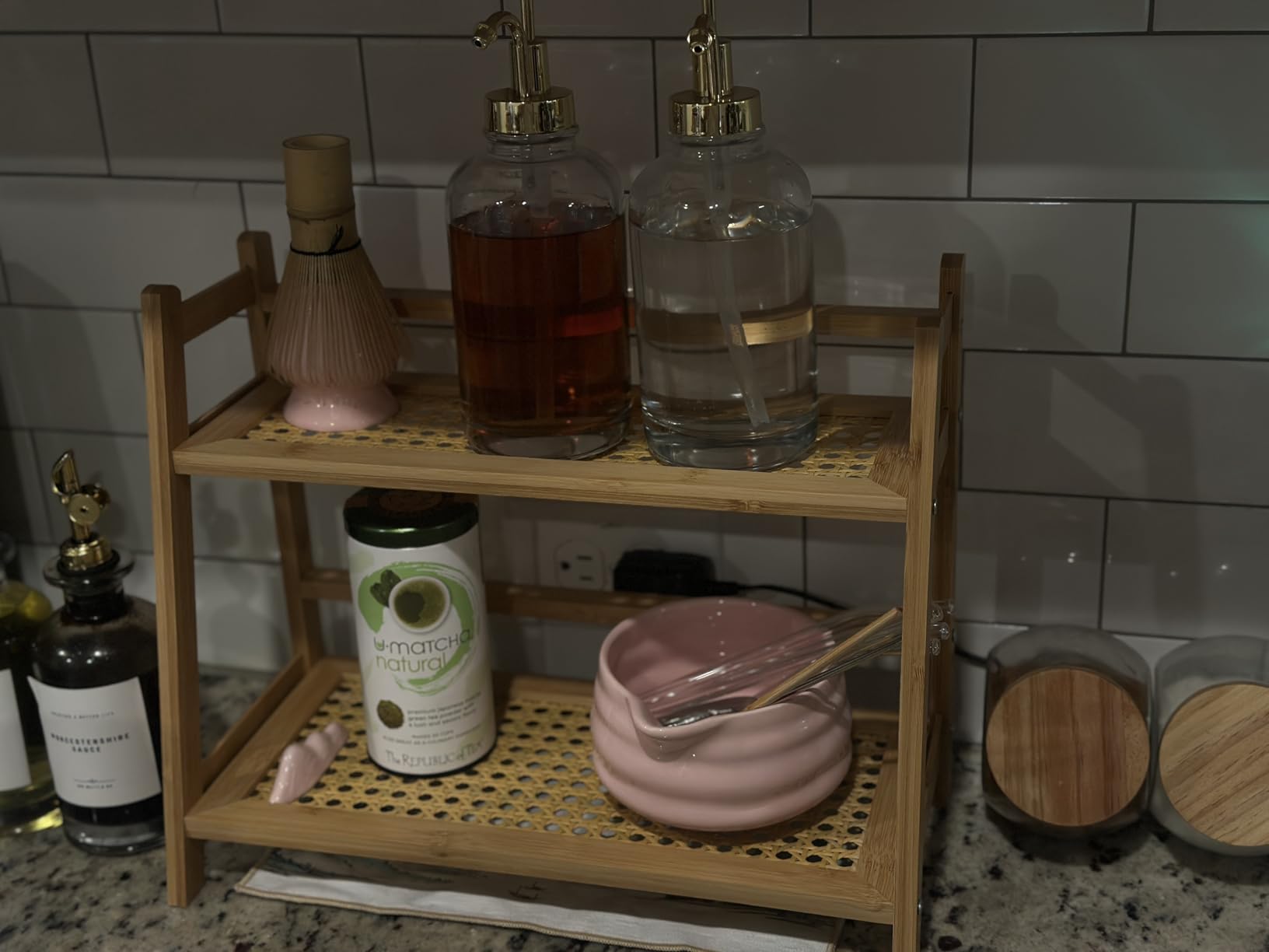 ANBOXIT Rattan-Look Matcha Station Organizer, Countertop Bamboo Tea & Coffee Accessories Station Organizer, 2 Tier Mug Holder Display Stand for Kitchen Condiment, Home, Office customer photo 1