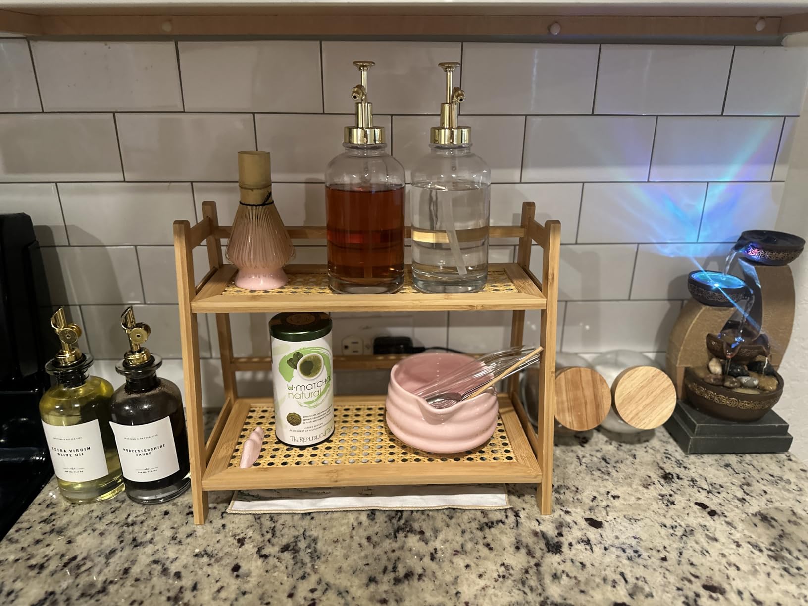 ANBOXIT Rattan-Look Matcha Station Organizer, Countertop Bamboo Tea & Coffee Accessories Station Organizer, 2 Tier Mug Holder Display Stand for Kitchen Condiment, Home, Office customer photo 2