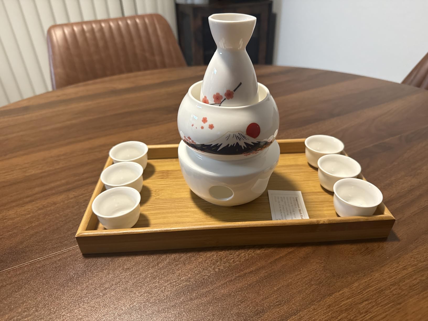 DUJUST 10 pcs Japanese Sake Set with Warmer for 6, Sakura & Fuji Design Porcelain Sake Set, 6 Sake Cups, 1 Bottle, 1 Warmer, 1 Candle Stove, 1 Tray & 1 Box, Warm Sake Carafe, Japanese Gifts - White customer photo 1