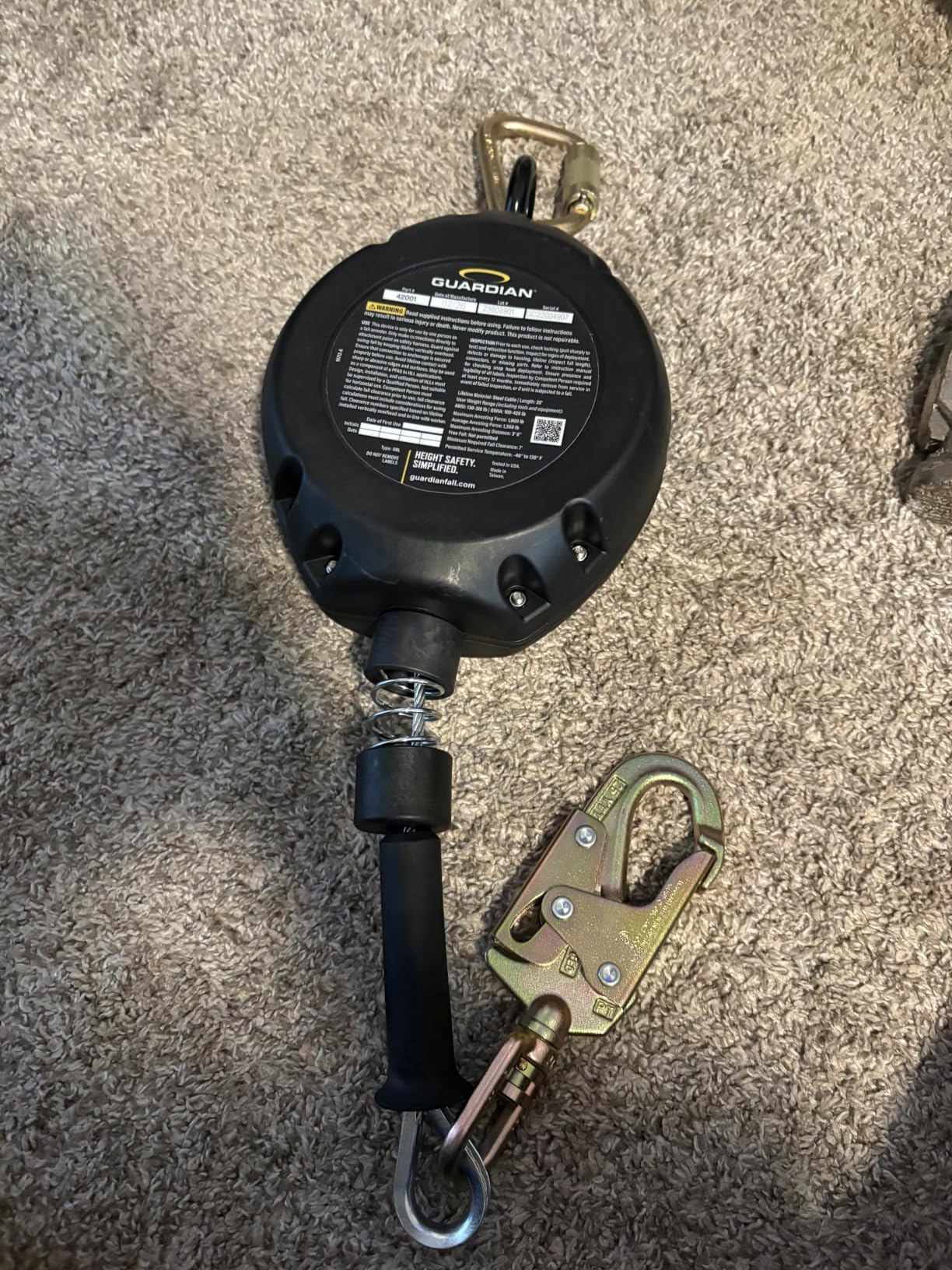 Guardian 42002 Velocity Class 1 Cable Self-Retracting Lifeline (SRL) with Carabiner | 30 ft | Class 1 | ANSI and OSHA Compliant customer photo 1