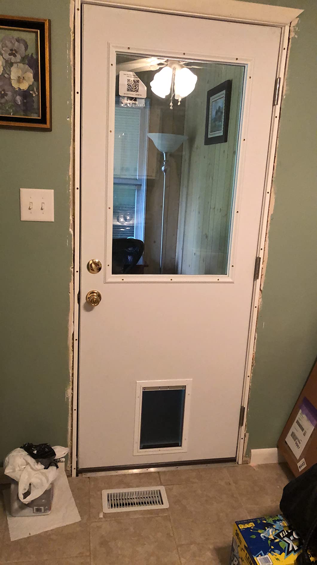 National Door Company ZZ00721R Steel Primed, Right Hand In-swing, Prehung Front Door, 1/2 Lite with Pet Door, Clear Glass, 30