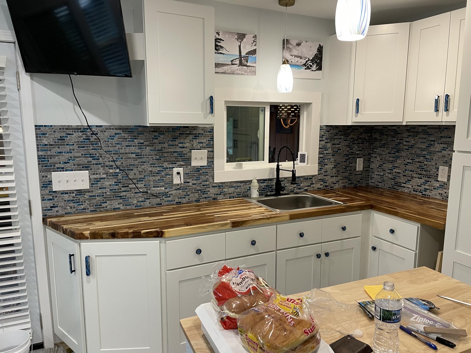 Blujellyfish Gray Marble Tile for Kitchen Backsplash 12 in. x 12 in. x 8 mm Teal Blue Glass Mosaic Bathroom Shower Wall Linear Tiles (Pack of 5 Sheets) customer photo 1