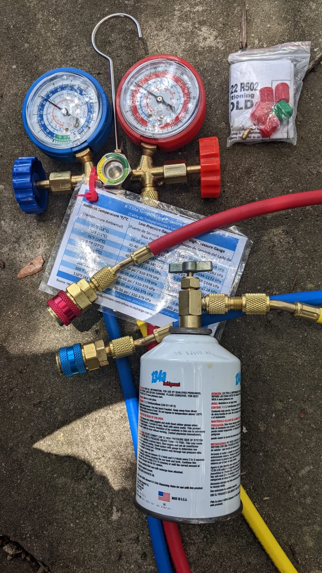 OMT 3-Way AC Manifold Gauge Set for R12 R134a R502 R22, 5 ft Hoses, Includes R134a Couplers Self-Sealing and Piercing Can Taps 29 Degree Adapter, Solid Brass Build, Ideal for Auto Freon Recharge customer photo 2