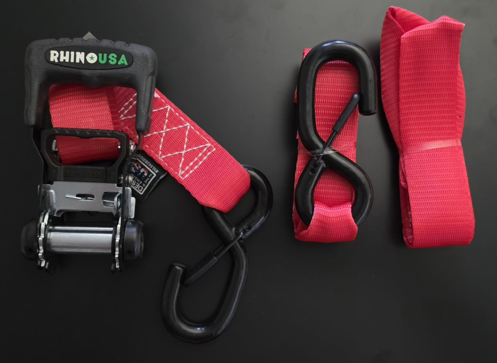 Rhino USA Heavy Duty Ratchet Tie Downs (4-Pack) - 1.6in x 8ft, 5,000lb Break Strength. Manual Ratchet w/ Safety S Hooks & Soft Loops. For Trucks, ATV, UTV, Motorcycle & Cargo. Black customer photo 1