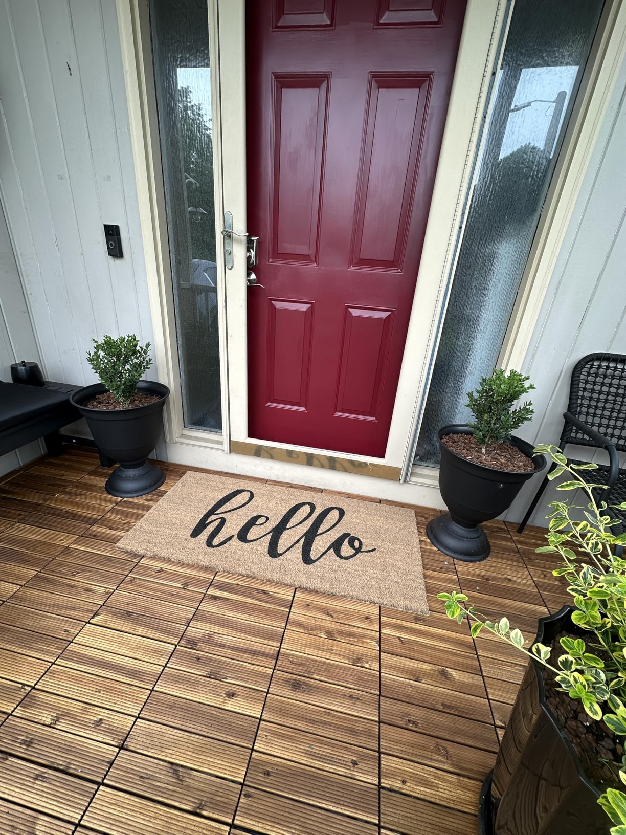 Yaheetech 27PCS Interlocking Deck Tiles Outdoor Patio Floor, Black | Acacia wood on snap-together PP bases covers concrete patios, decks and balconies, cuts to fit, and feels smooth underfoot. customer photo 1