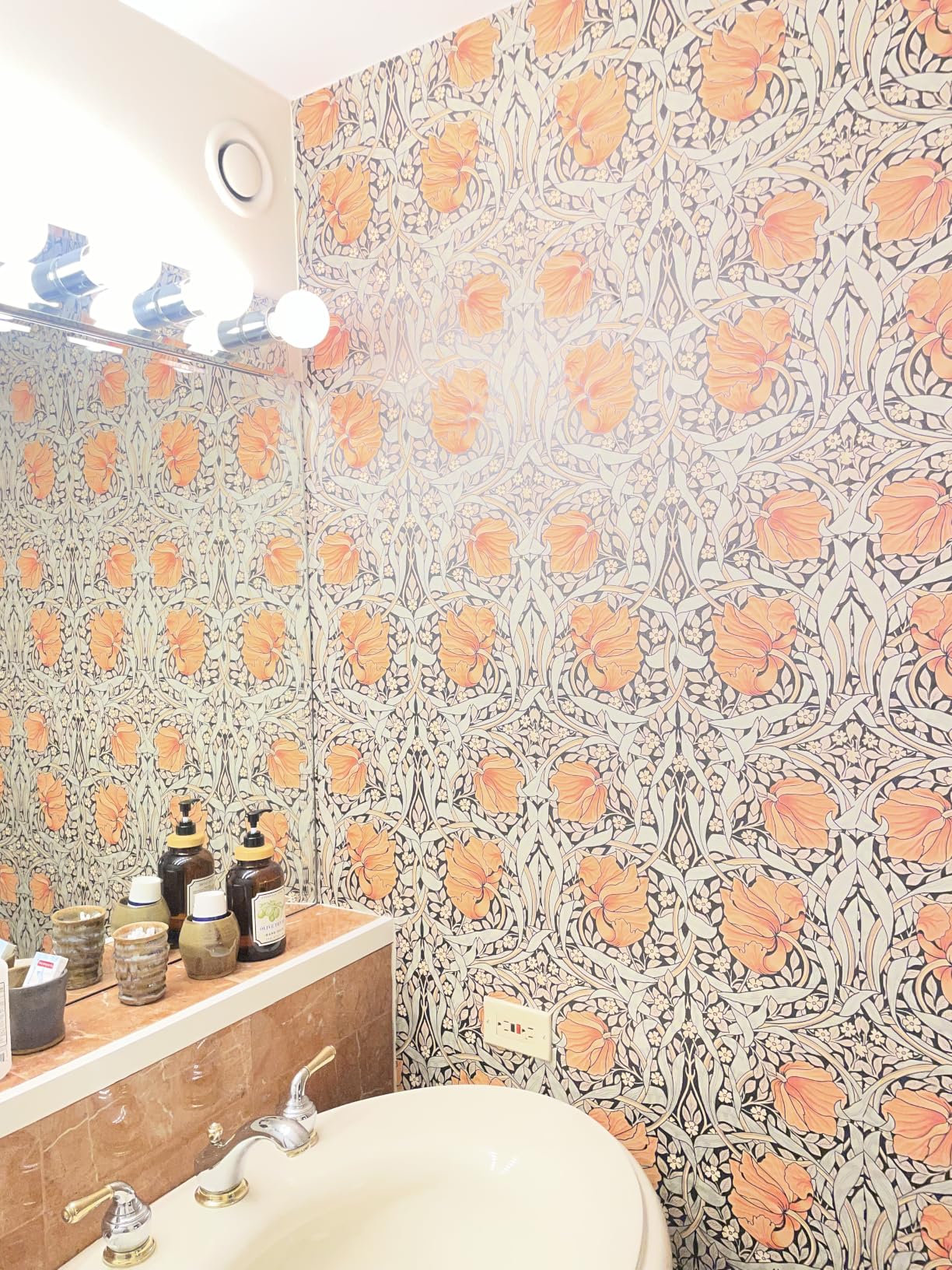 HAOKHOME William Morris Wallpaper Vintage Wall Paper Sage Green Removable | Textured Renter Friendly Stick On Wall Paper Yellow Retro Floral Mural Bathroom Bedroom Nursery Contact Paper 17.3in x 9.8ft customer photo 1