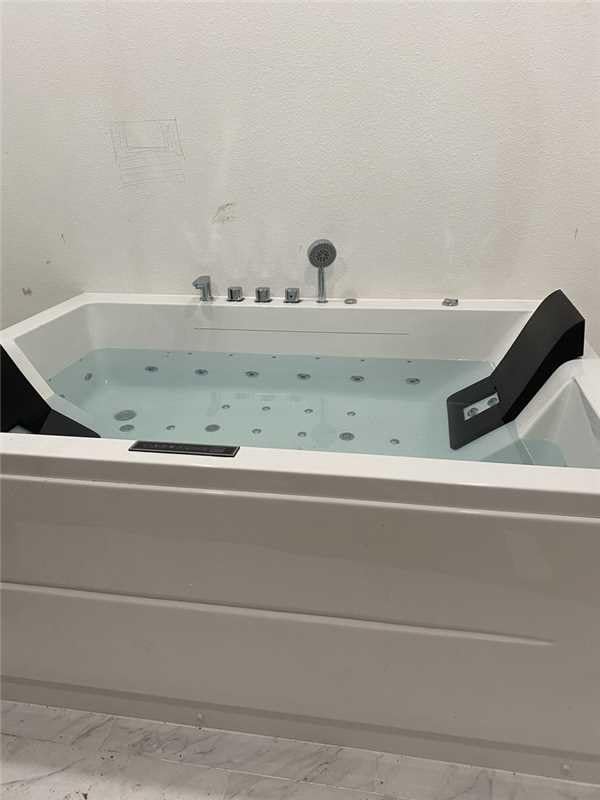 71 Inch Whirlpool Bathtub, 2 Person Freestanding Back to Wall Jetted Bathtub with 38 Jets, Acrylic Hydromassage Tub with LED Chroma Lighting, Waterfall Faucet, PU Headrests, 110V Wiring, White customer photo 1