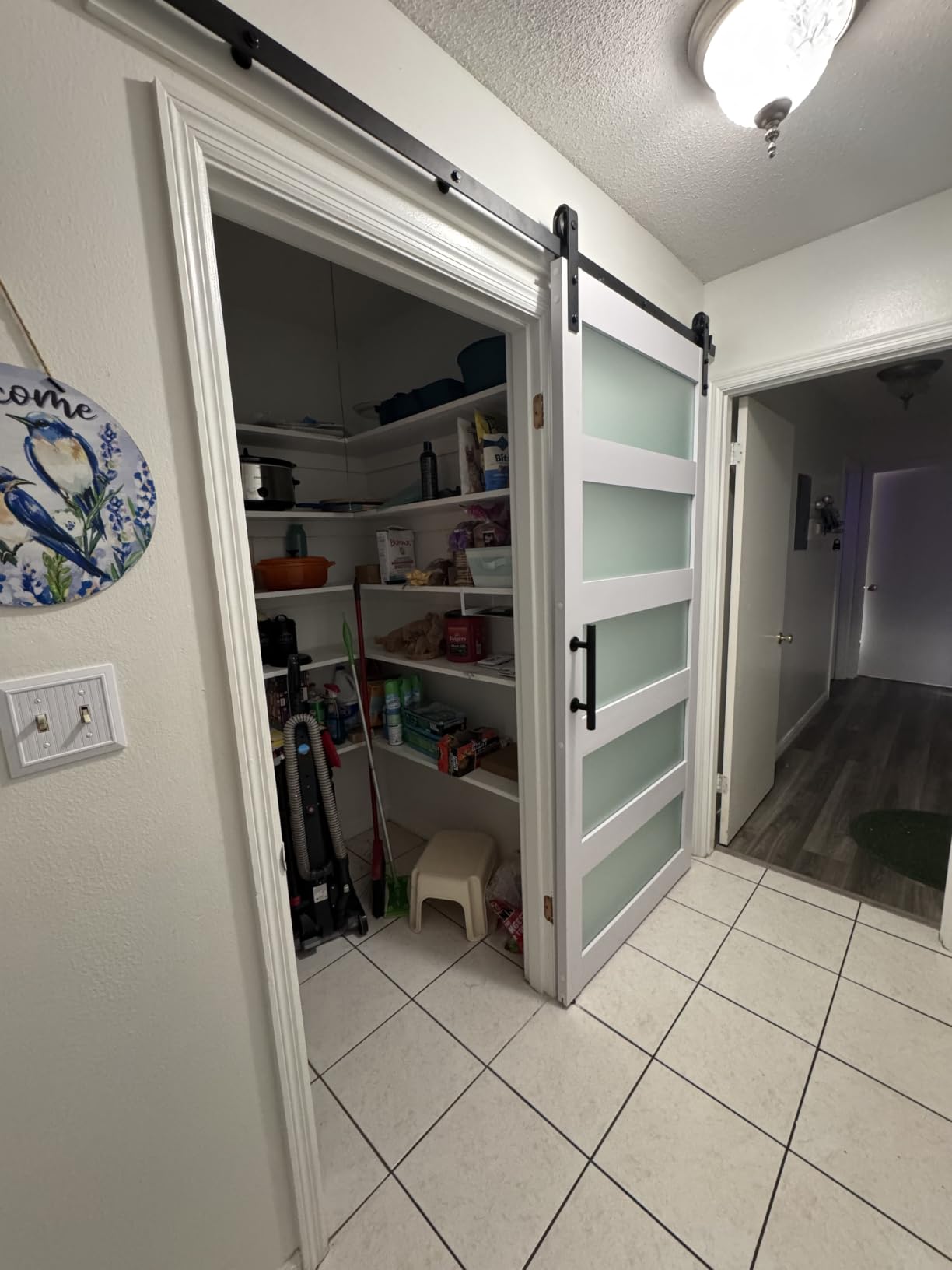 SMARTSTANDARD 38 x 84 in Glass Barn Door with 6.6FT Sliding Hardware Kit | Pre-Drilled Ready to Assemble, Waterproof PVC Coating, White, 5-Panel Glass customer photo 1