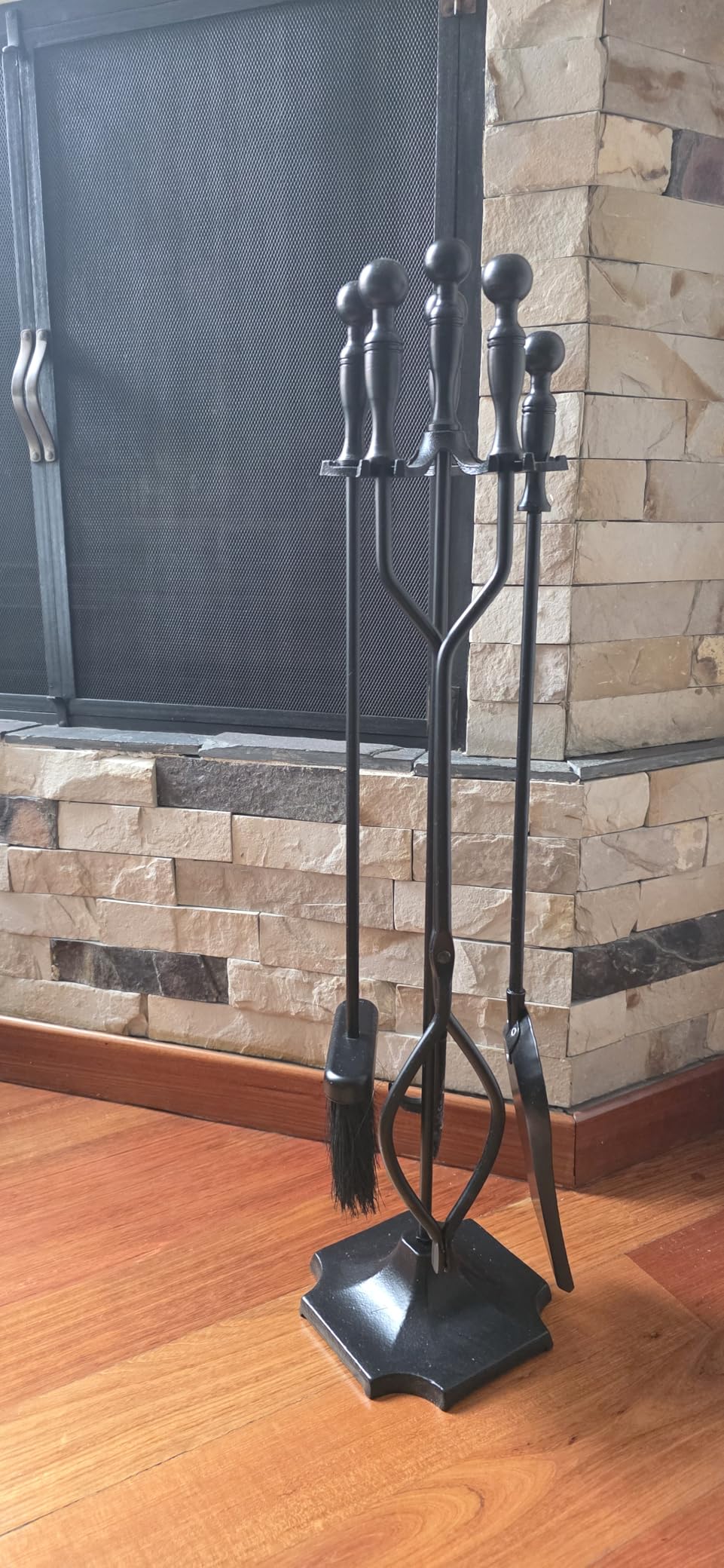 nalone 5 Pieces Fireplace Tools Set, Heavy Duty Wrought Iron Fireplace Accessories Set with Poker, Tong, Shovel, Brush, Fire Place Tools Indoor Outdoor (Black) customer photo 2