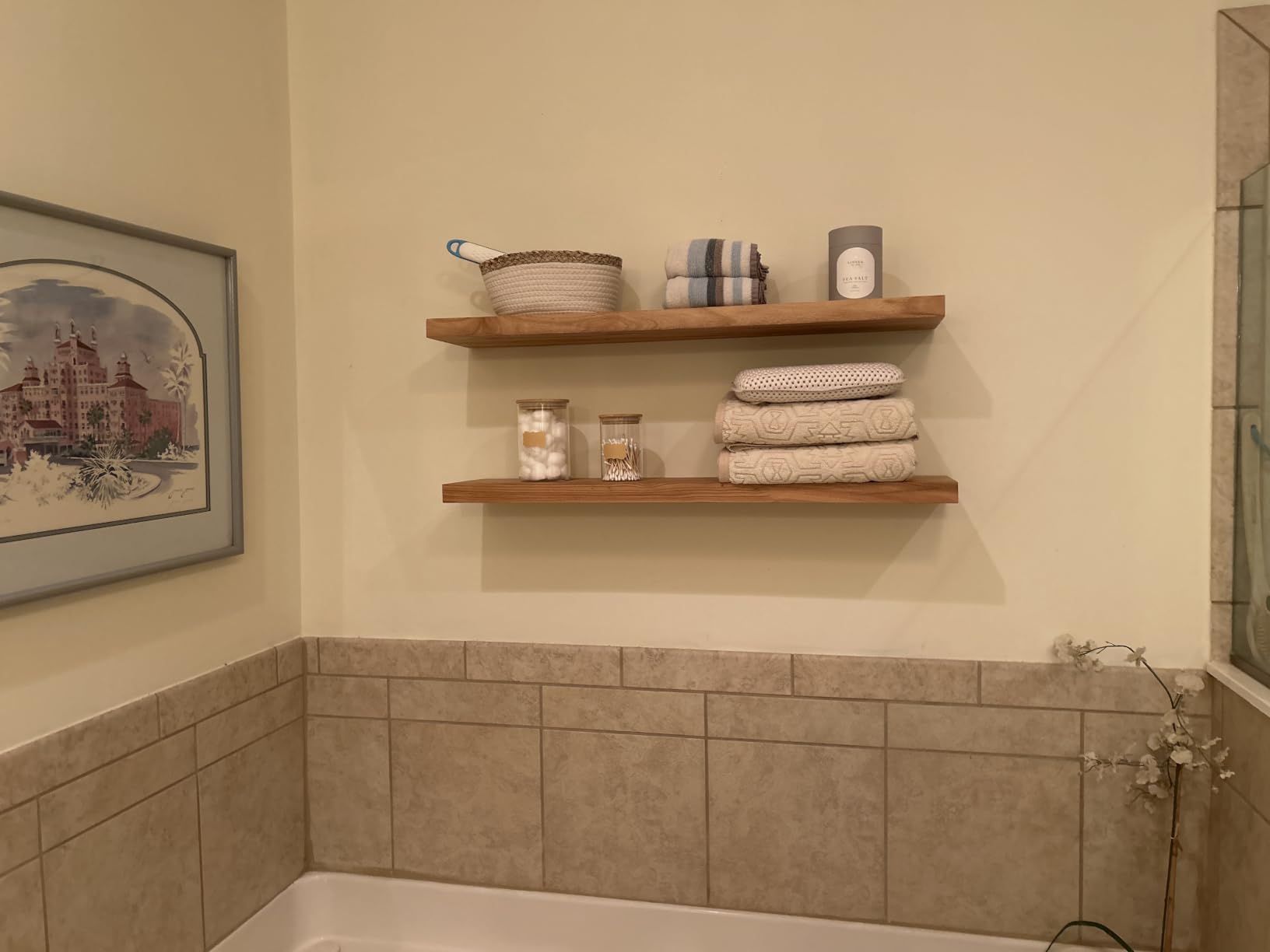 Floating Shelves for Wall Decor, Rustic Solid Elm Wood Live Edge Floating Shelves Wall Mounted, Wall Shelves with Invisible Bracket for Living Room Bathroom Bedroom Kitchen, 24 Inch Set of 2, Natural customer photo 1