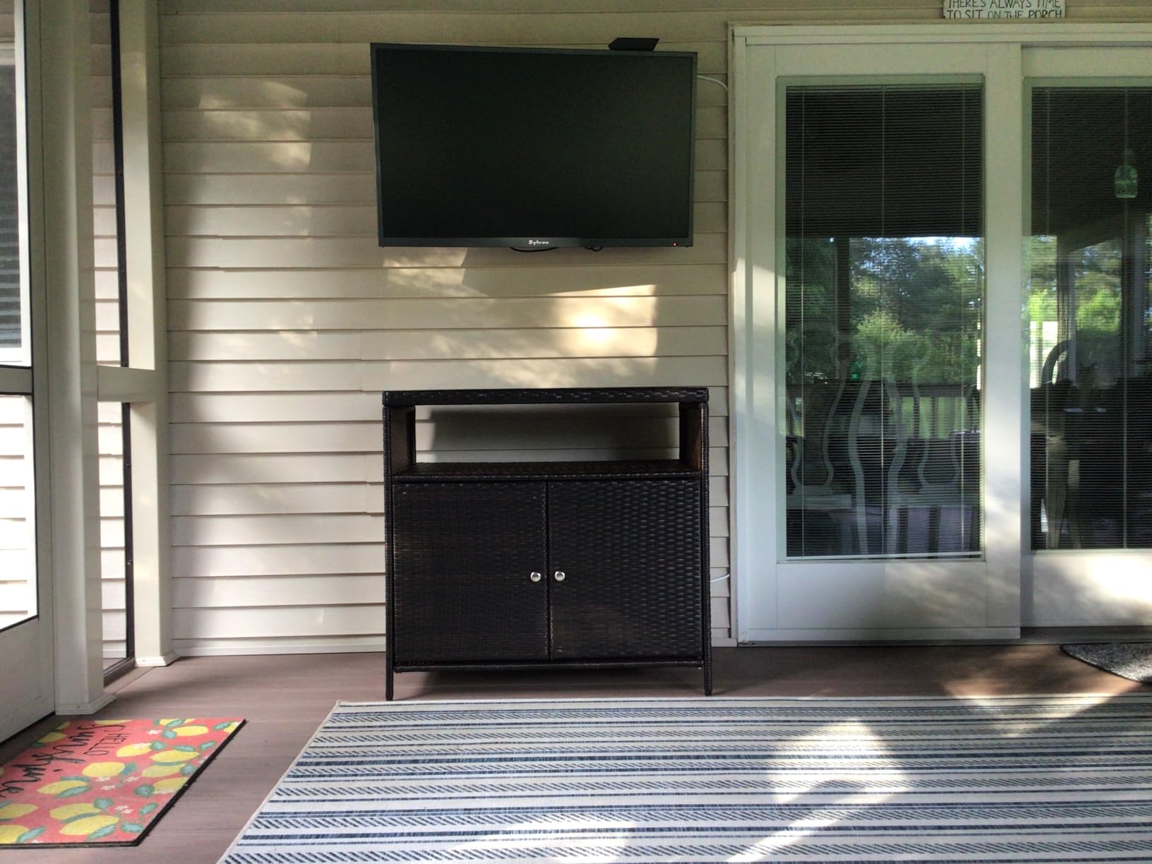 Tangkula Rattan Outdoor Storage Cabinet, Patiojoy Outdoor Cabinet with Acacia Wood Countertop, Open Compartment, 2-Door Wicker Sideboard, Outdoor Bar for Patio Garden Backyard Poolside (Black) customer photo 1