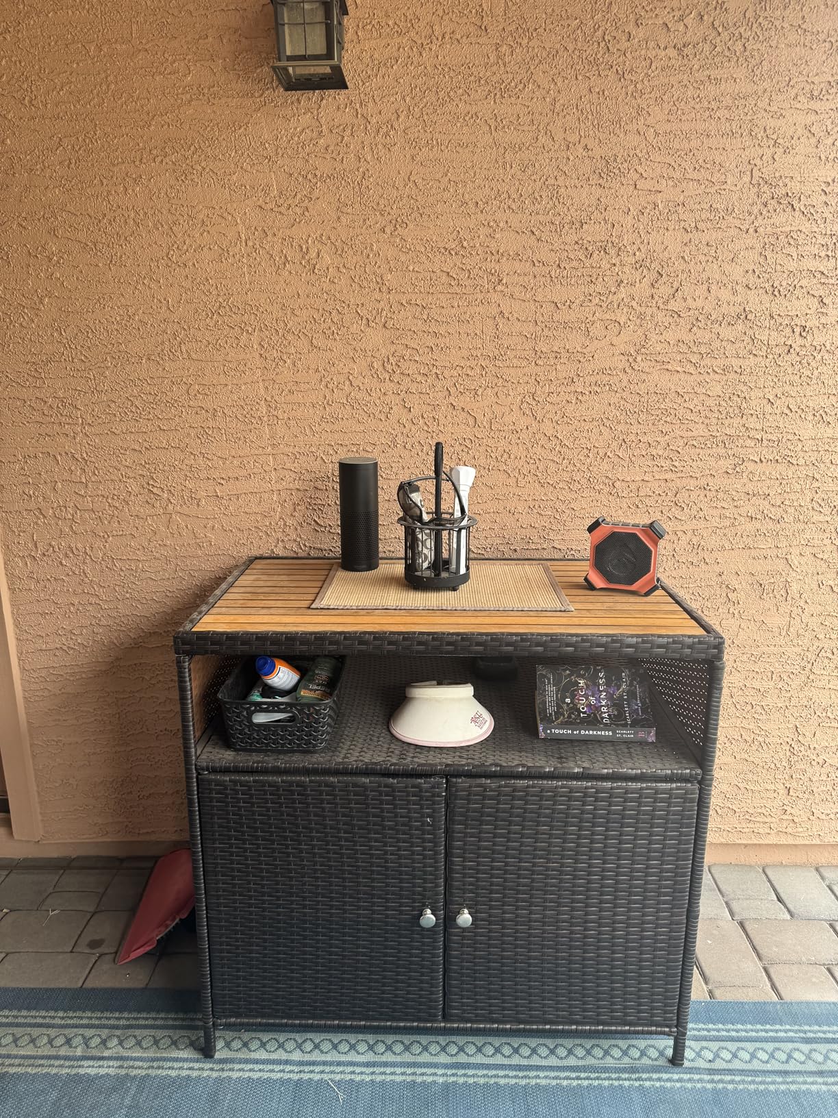 Tangkula Rattan Outdoor Storage Cabinet, Patiojoy Outdoor Cabinet with Acacia Wood Countertop, Open Compartment, 2-Door Wicker Sideboard, Outdoor Bar for Patio Garden Backyard Poolside (Black) customer photo 2