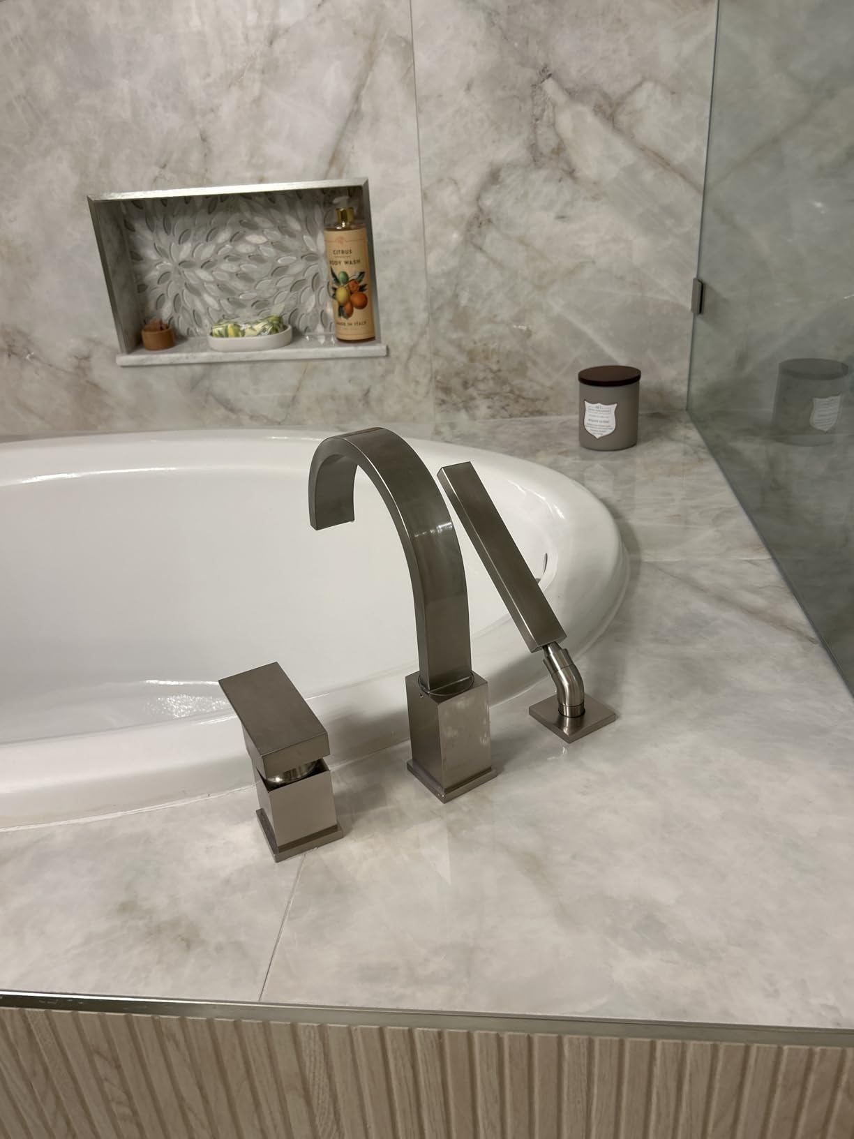 Brass Roman Tub Faucet with Sprayer, Deck Mount Bathtub Faucet with Hand Shower, 3 Hole Waterfall Tub Faucet with 360 Spout, Single Handle Tub Filler with 8 GPM High Flow, Matte Black customer photo 2