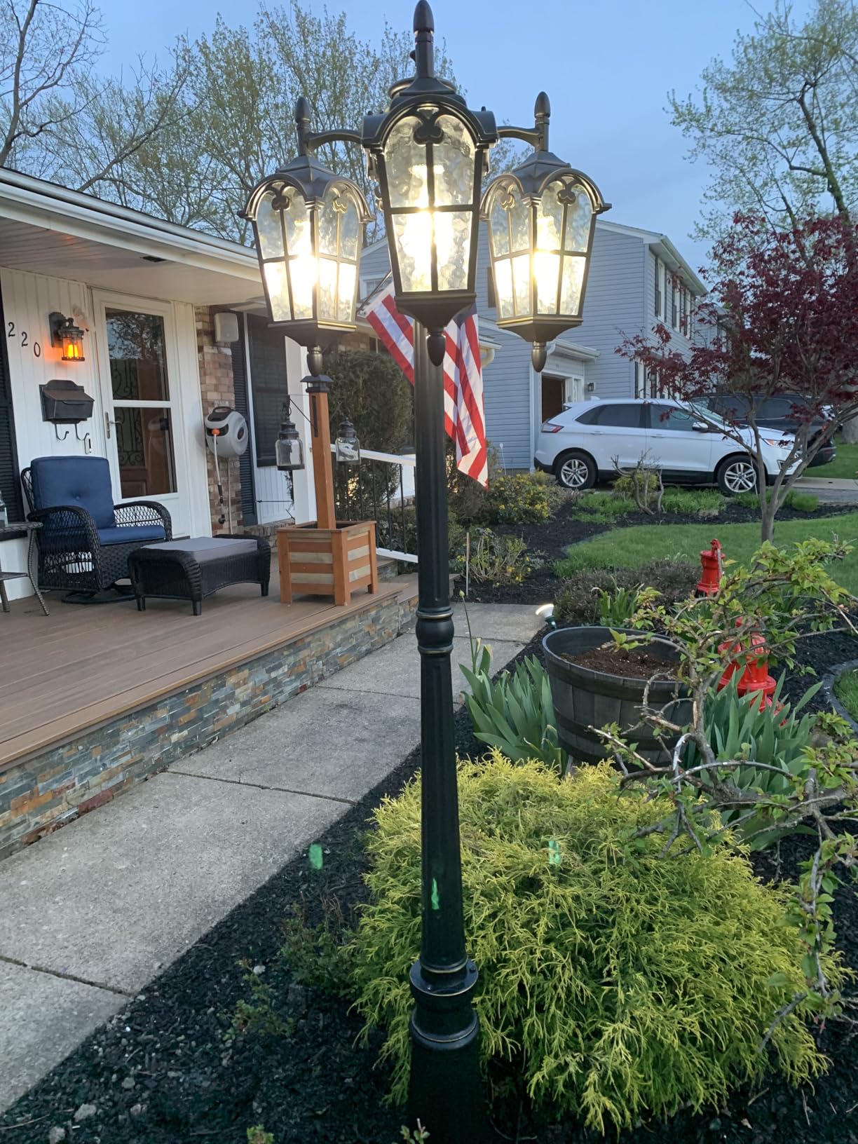 EDISHINE Outdoor Lamp Post Light 3-Head, Thickened Aluminum Dusk to Dawn Street Light Post with Water Ripple Glass, Retro Roman Pole Lighting Fixture for Backyard Garden Patio Driveway customer photo 1