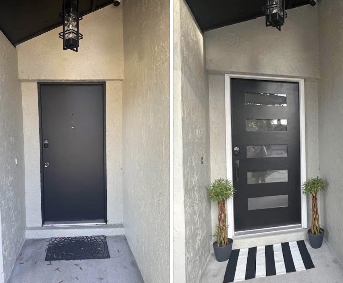 36 x 80 Fiberglass Entry Door with Brickmould, Frosted Glass, Black Finished Knock-Down Fiberglass Door - Contemporary Style for Home's Front Entrance, Right Hand Inswing with Vinyl Frame customer photo 1