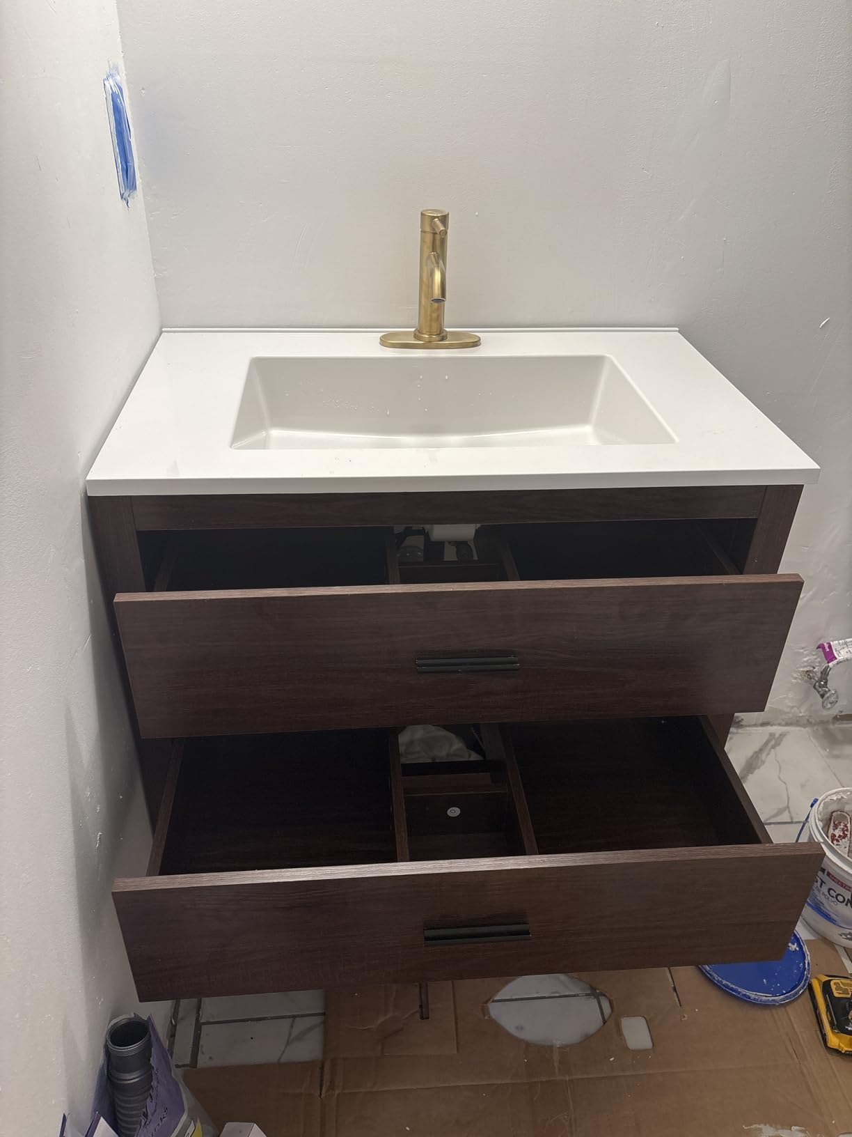 36 Inch Bathroom Vanity with Sink, Farmhouse Storage Cabinet with Drawers & Open Storage Shelf, Assembly Required, Adjustable Feet, Walnut customer photo 2