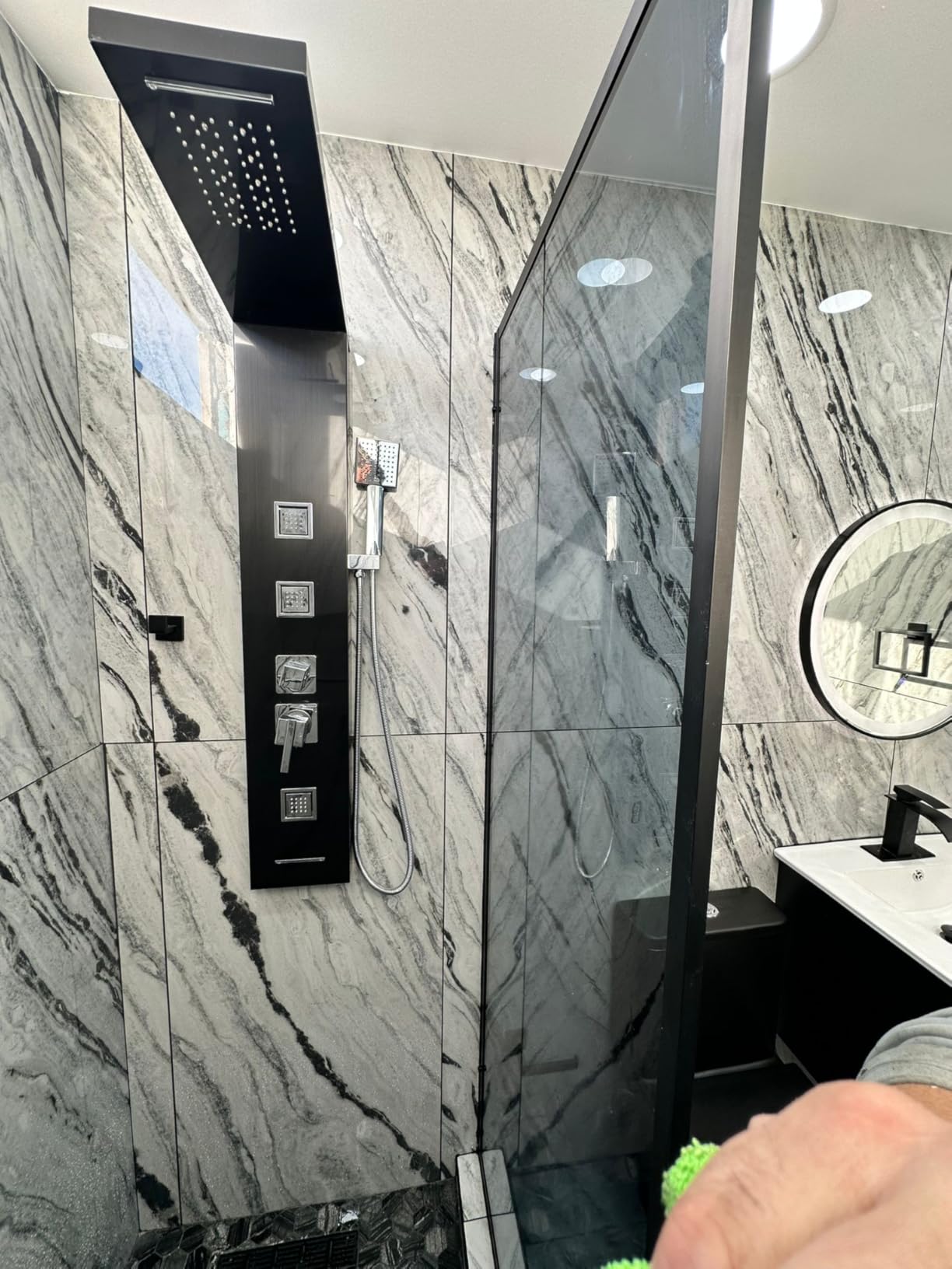 5-in-1 LED Shower Panel Tower System Stainless Steel Matte Black | Rainfall + waterfall heads | Body jets | Handheld shower | Tub spout | LED lights | Wall mount customer photo 1