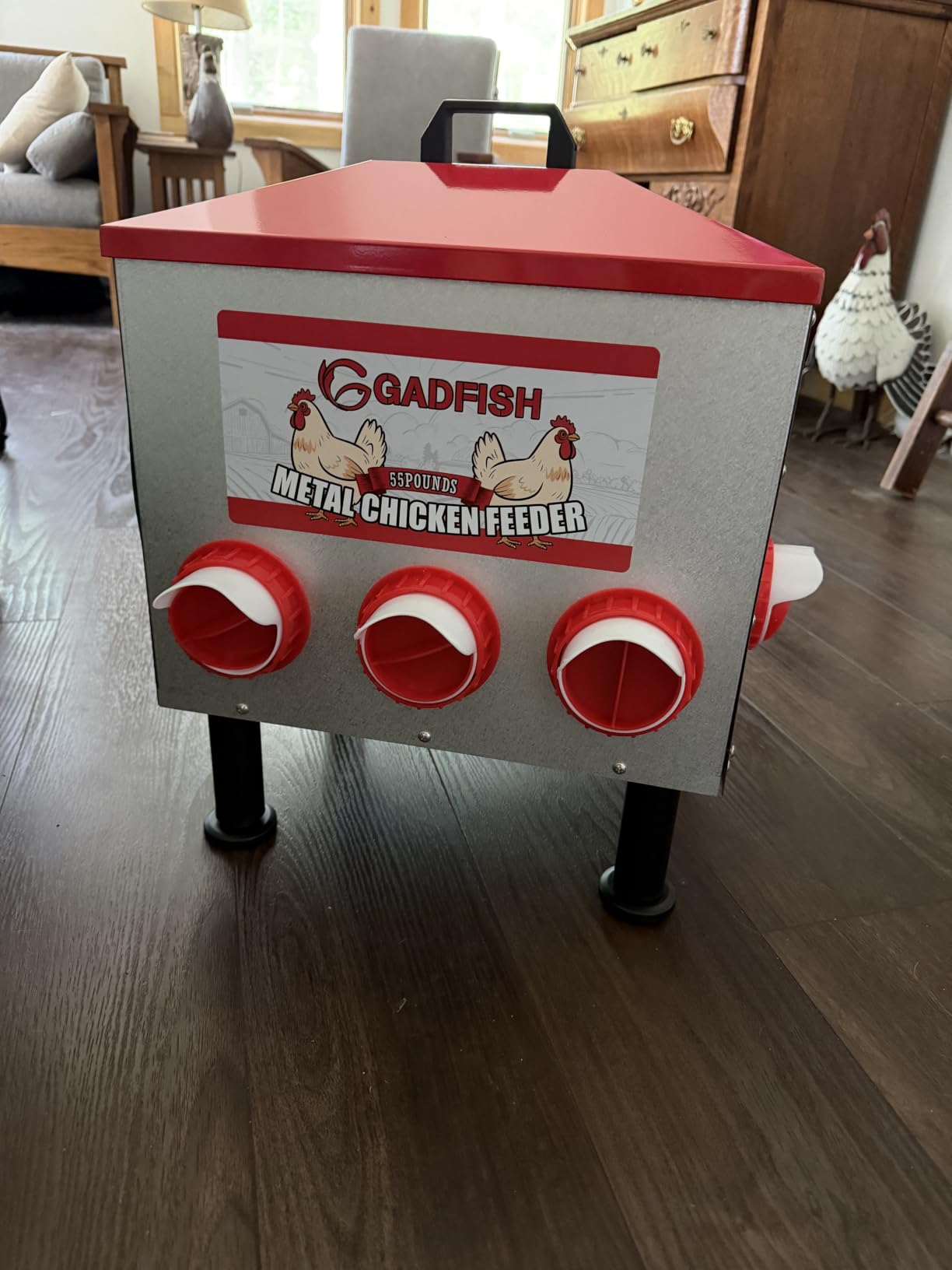 GADFISH 55 lbs Large Capacity Automatic Chicken Feeder - 8 Feeding Ports, No Waste Chicken Feeder, Height-Adjustable Legs & Secure Locking Lid for Chickens, Ducks & Poultry customer photo 1