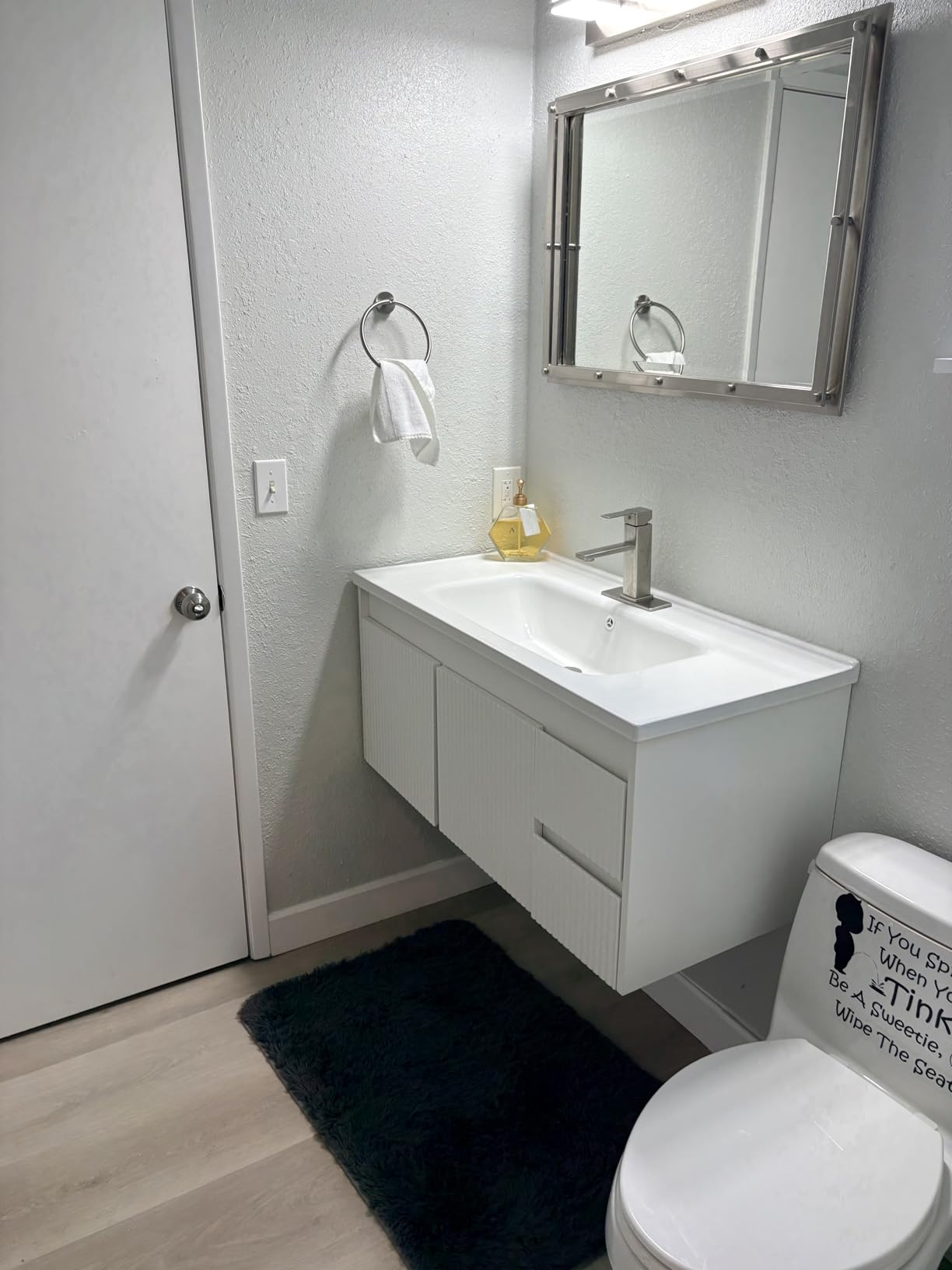 Ymise Floating Bathroom Vanity 32 Inch, Wall Mounted Bathroom Vanity with Ceramic Sink and 2 Drawers for Storage, Modern Wave-Carved Design Wooden Sink Cabinet, White customer photo 2