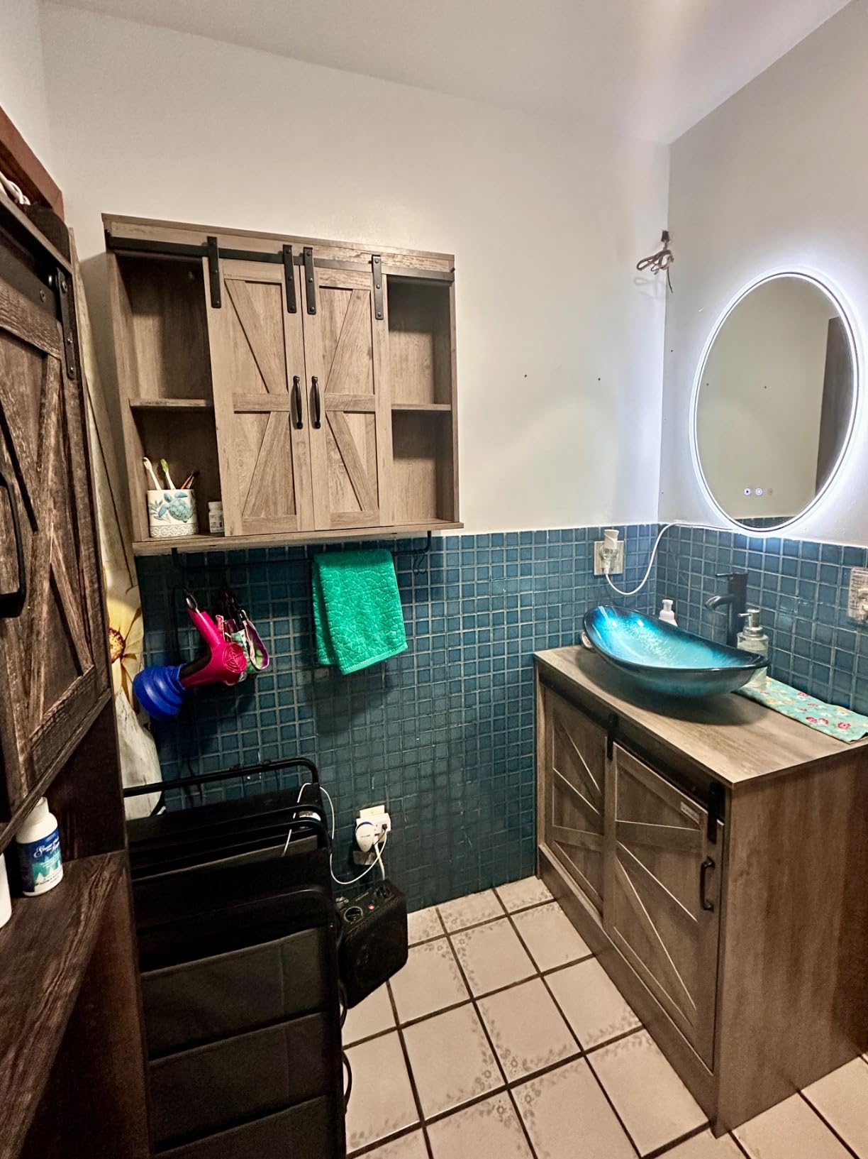48 inch Barn Door Bathroom Vanity with 6 Drawers, Farmhouse Style Standing Pedestal Cabinet with Two Blue Boat Glass Vessel Sinks customer photo 1