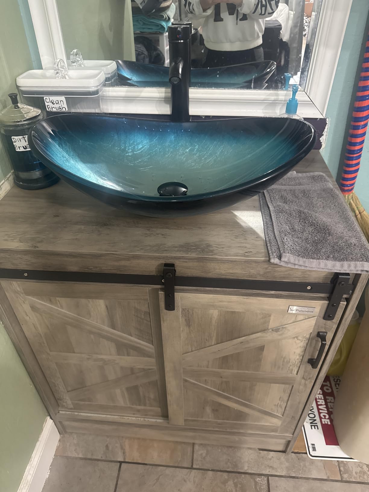 48 inch Barn Door Bathroom Vanity with 6 Drawers, Farmhouse Style Standing Pedestal Cabinet with Two Blue Boat Glass Vessel Sinks customer photo 2
