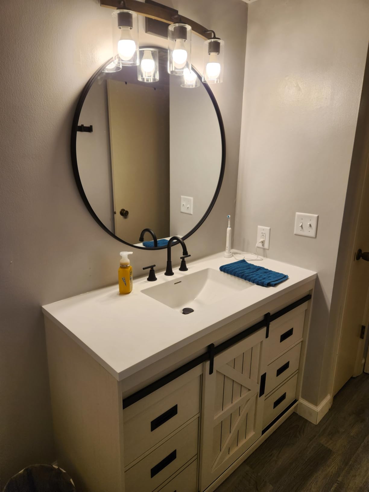 LUXOAK 48'' Farmhouse Freestanding Bathroom Vanity Cabinet with Sink, Sliding Barn Door Vanity with Drawers & Metal Handles, Spacious Storage, Deep Basin, Reclaimed Barnwood, Rustic Brown customer photo 2